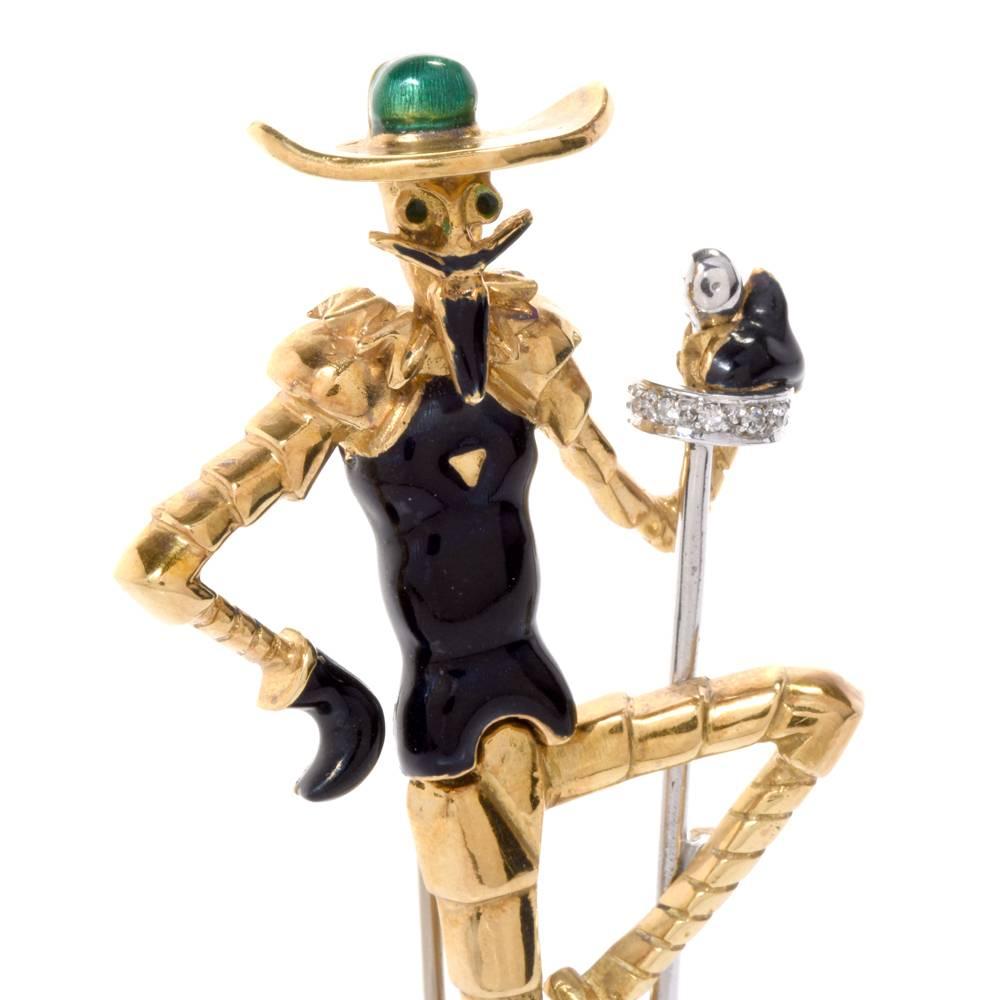 This enchanting Don Quixote of La Mancha (Miguel de Cervantes) pin is artistically crafted in 18K Yellow Gold and weighs 24.8 grams. The nobleman’s armor is rendered in enamel as well as his hat. The rapier sword is adorned by 5 genuine round cut