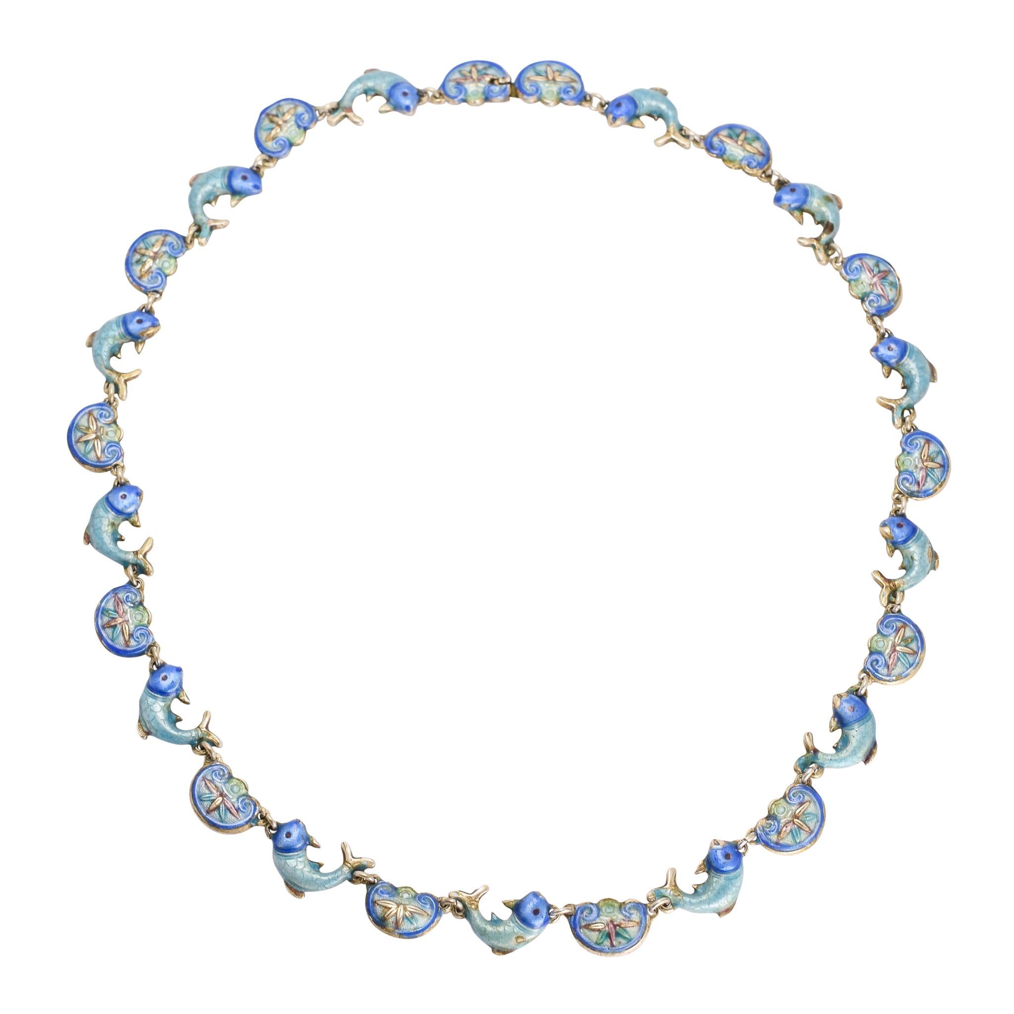1970s Enamelled Lotus and Fishes Necklace