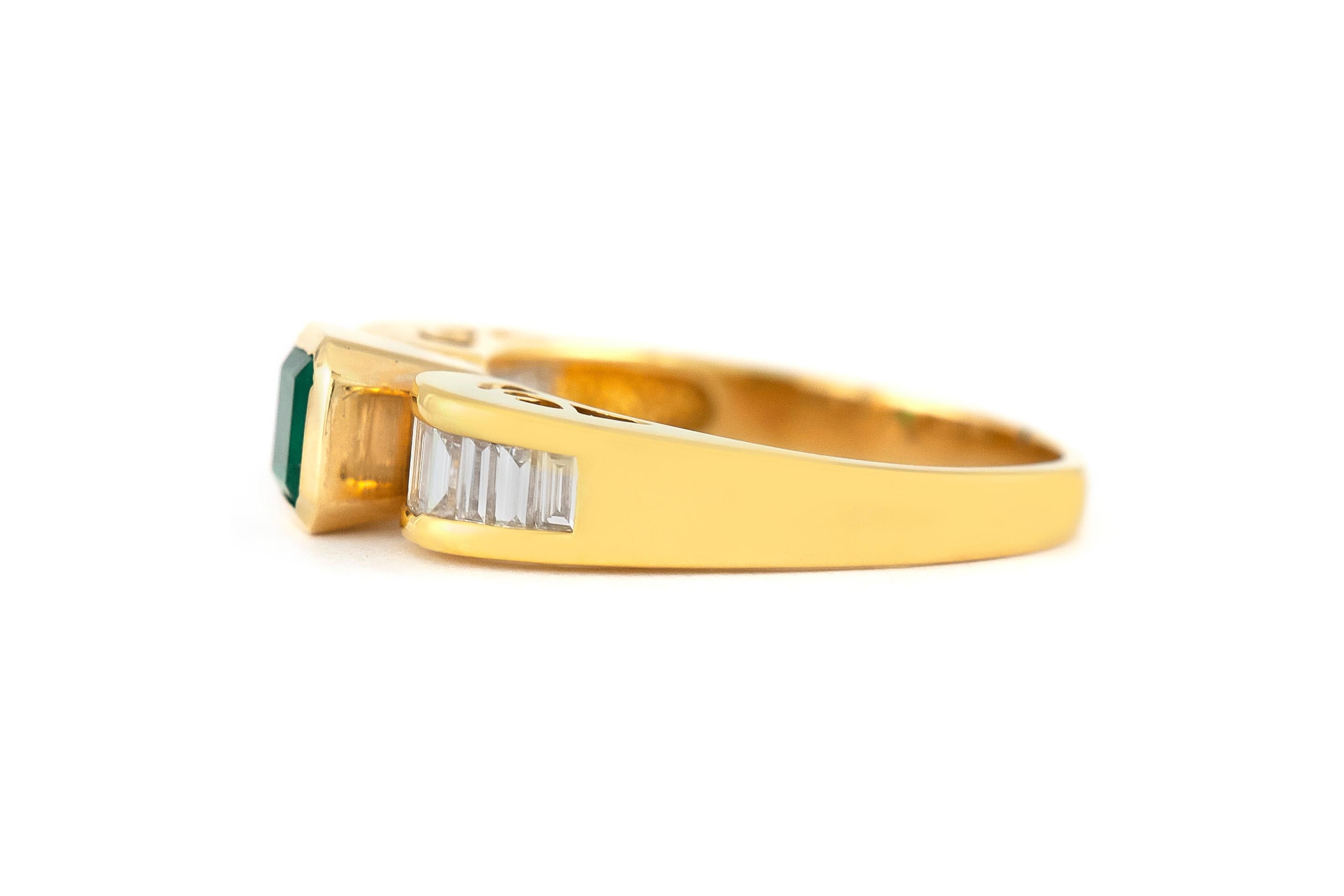 The ring is finely crafted in 18k yellow gold with center emerald weighing approximately total of 0.60 carat and diamonds weighing approximately total of 0.70 carat.
Circa 1970
