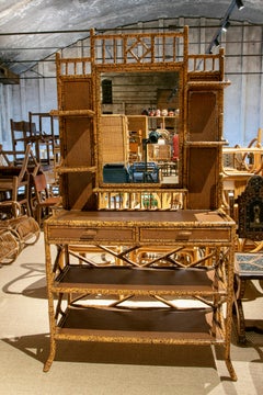1970s English Bamboo & Woven Wicker Chinoiserie Style Mirrored Dressing Table