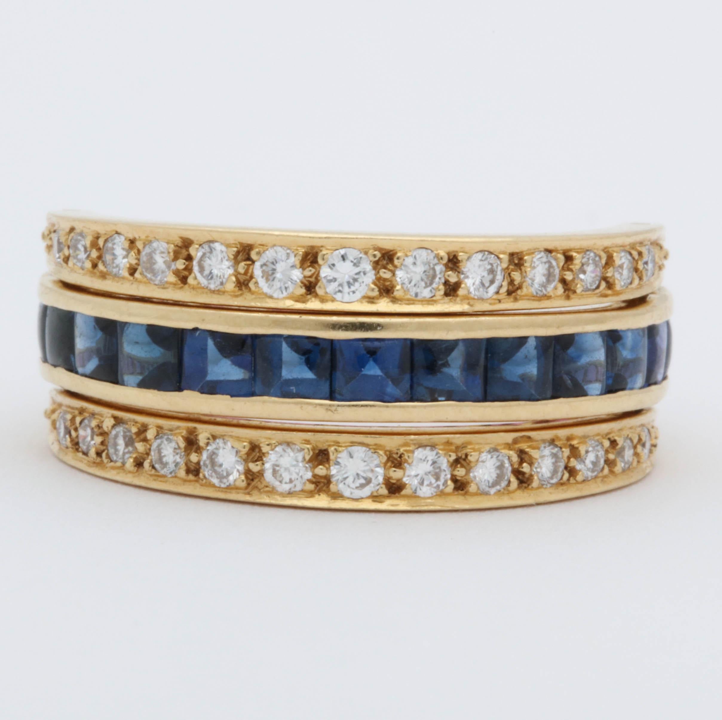 Women's 1970s English Buff Cut Rubies, Sapphires and Diamonds Gold Flip Ring