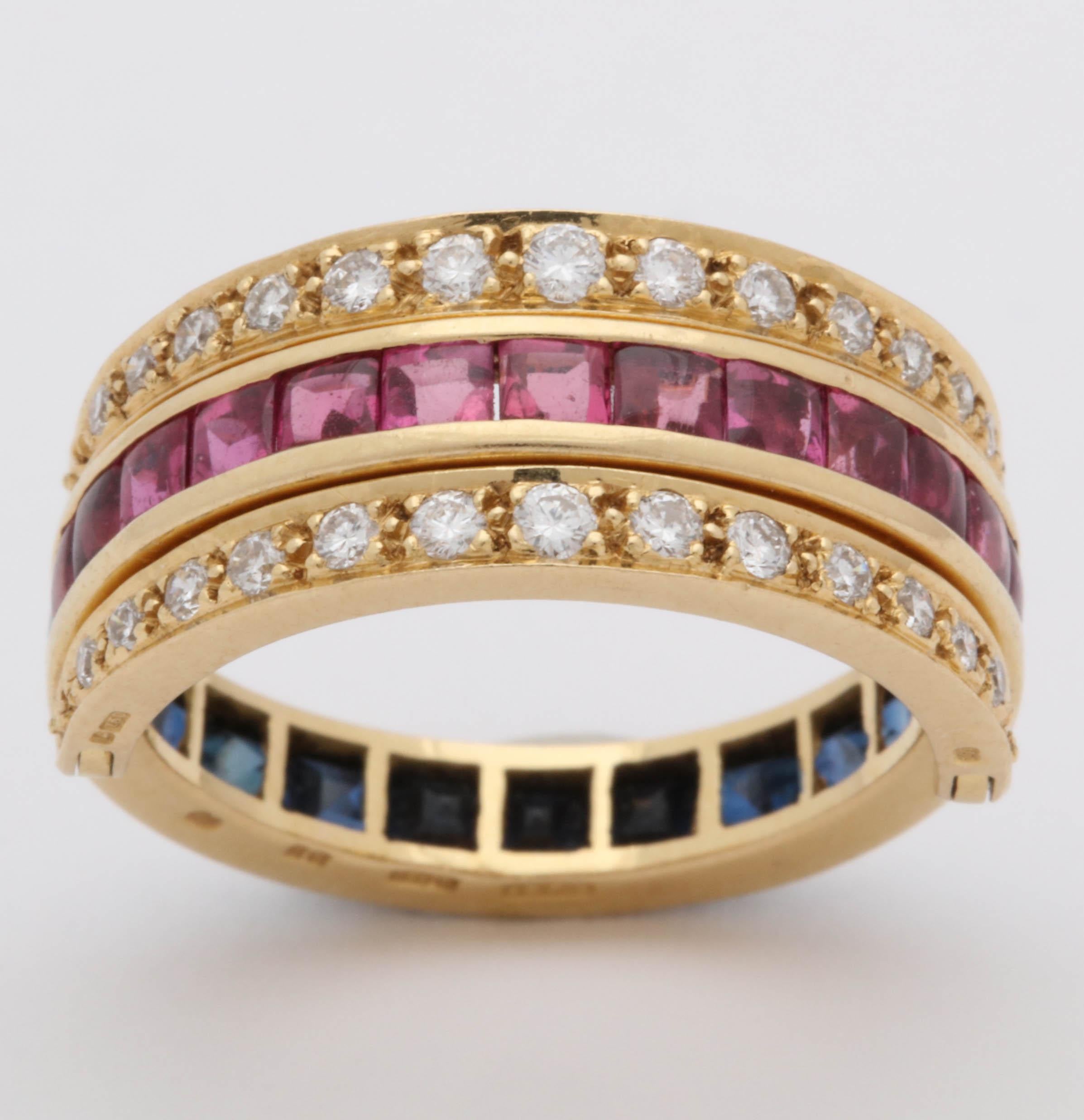 1970s English Buff Cut Rubies, Sapphires and Diamonds Gold Flip Ring 5