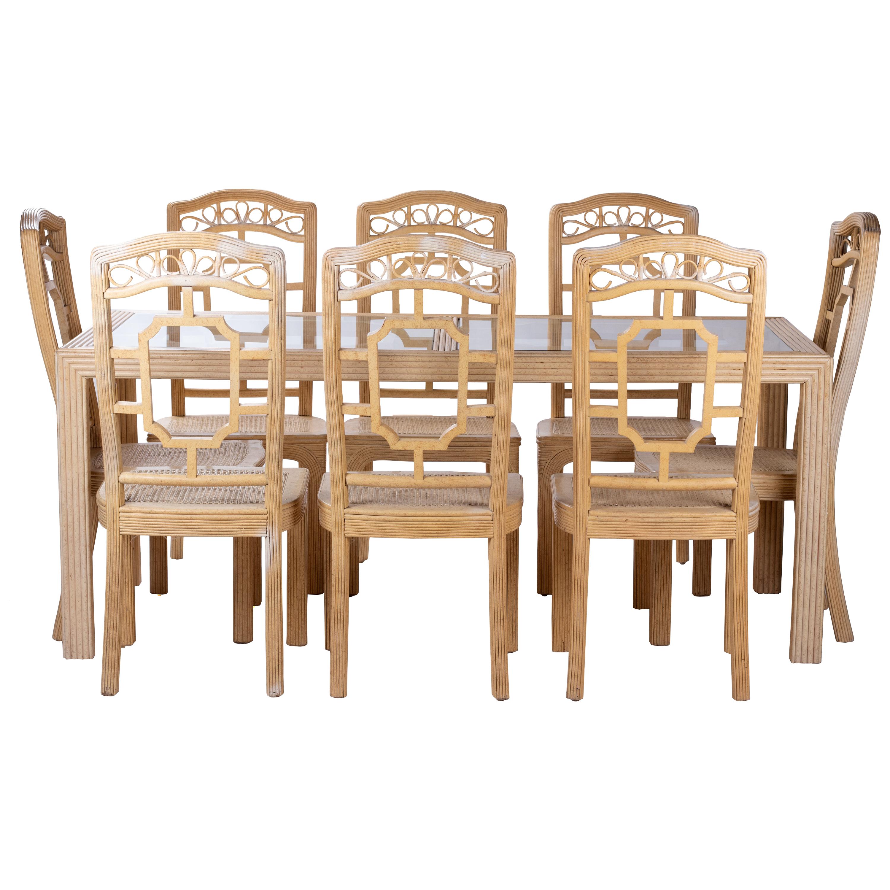 Ensemble de huit chaises et tables de salle à manger en bambou de style oriental Harrod's anglais des années 1970 en vente