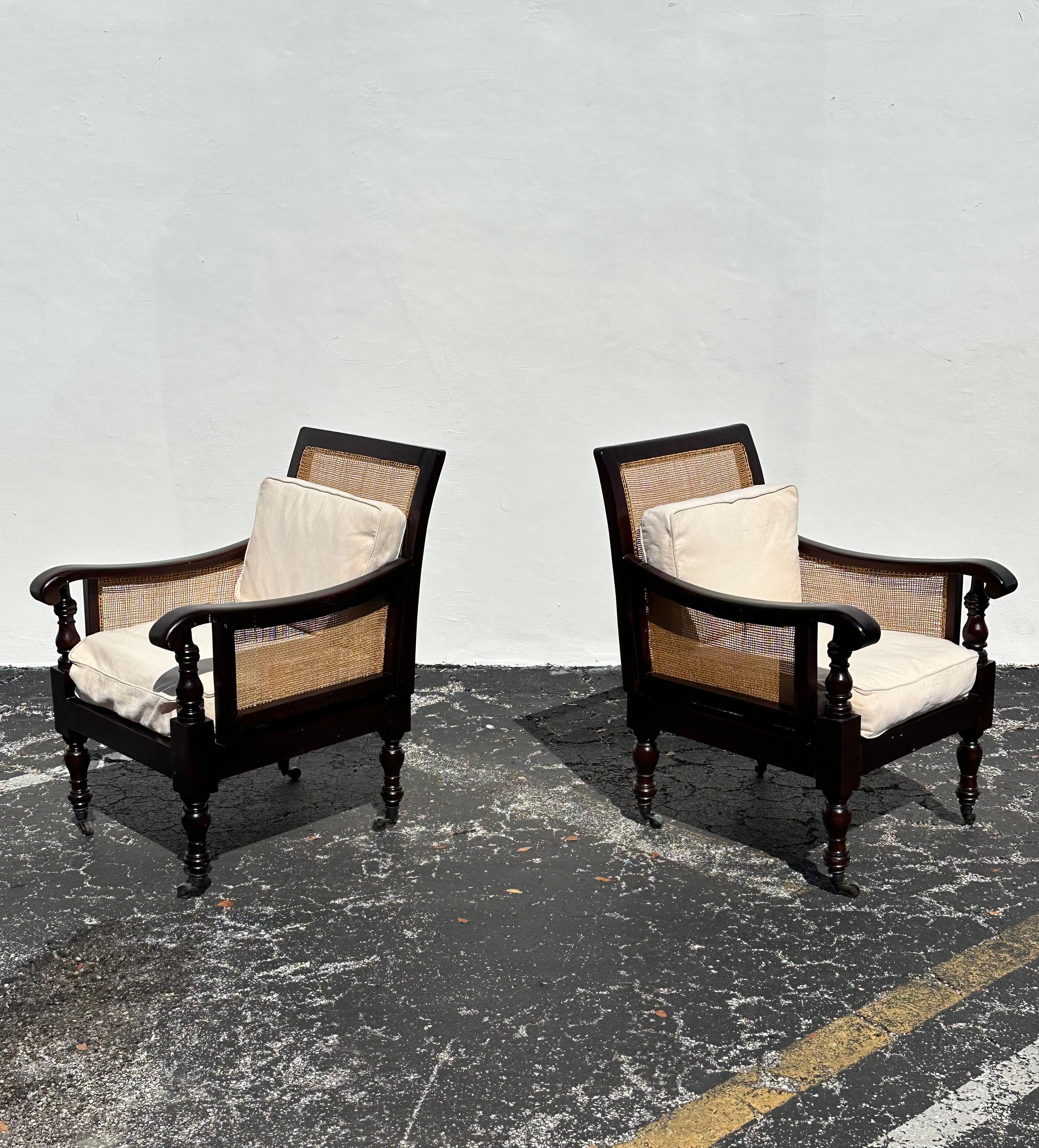 Bohème 1970 Bibliothèque anglaise Bergère Recency Caned Mahogany Armchairs en vente