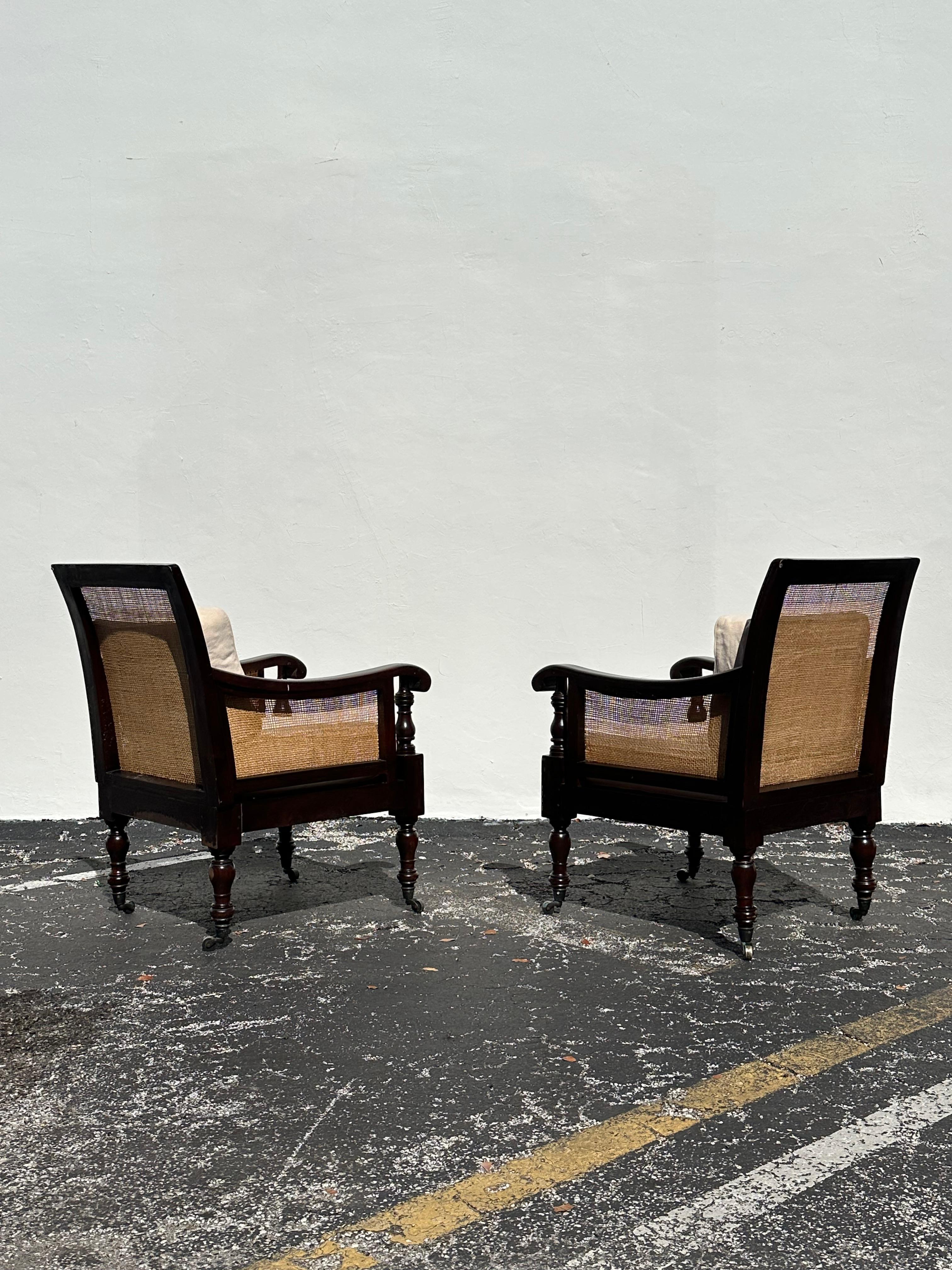 Fin du 20e siècle 1970 Bibliothèque anglaise Bergère Recency Caned Mahogany Armchairs en vente
