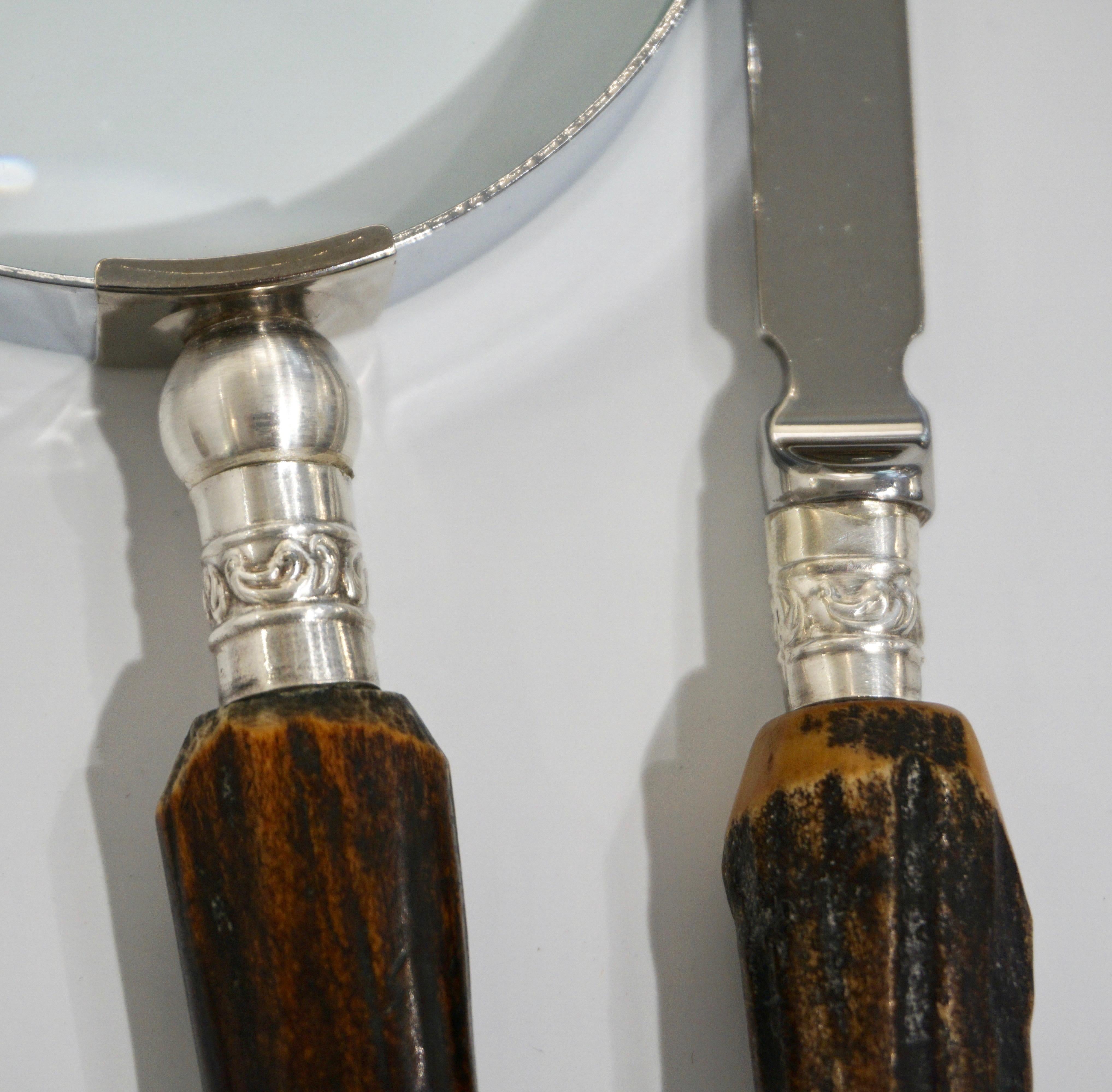 Edwardian 1970s English Magnifying Glass and Letter Opener Desk Set with Antler Handles