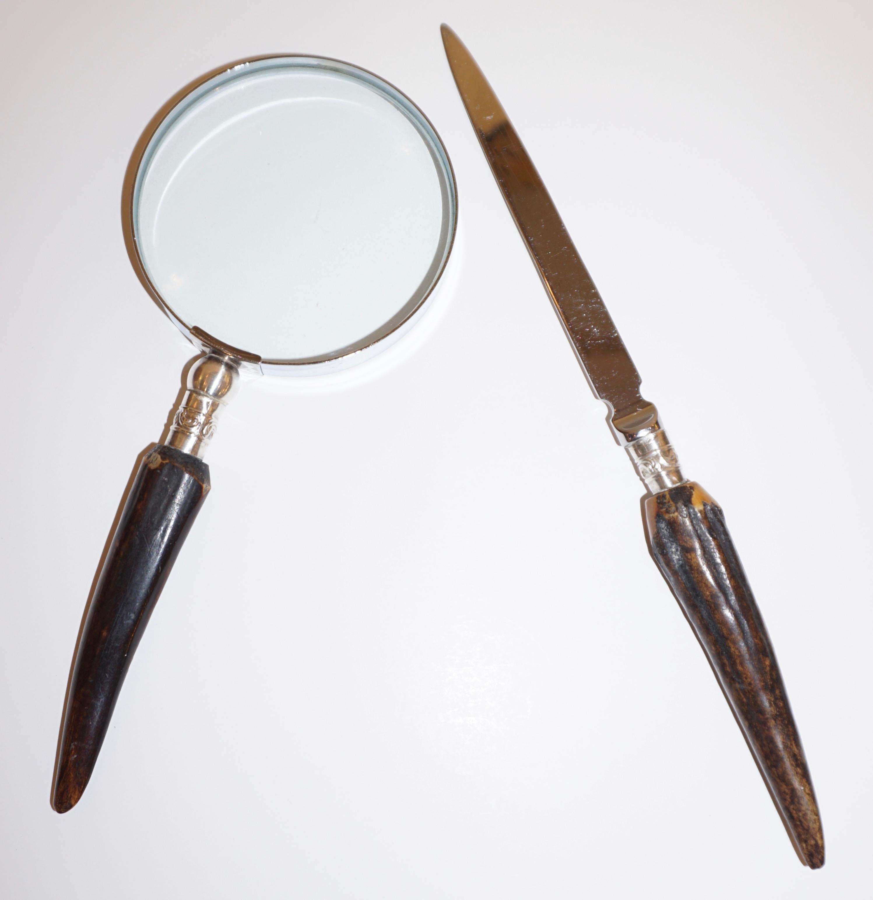 British 1970s English Magnifying Glass and Letter Opener Desk Set with Antler Handles