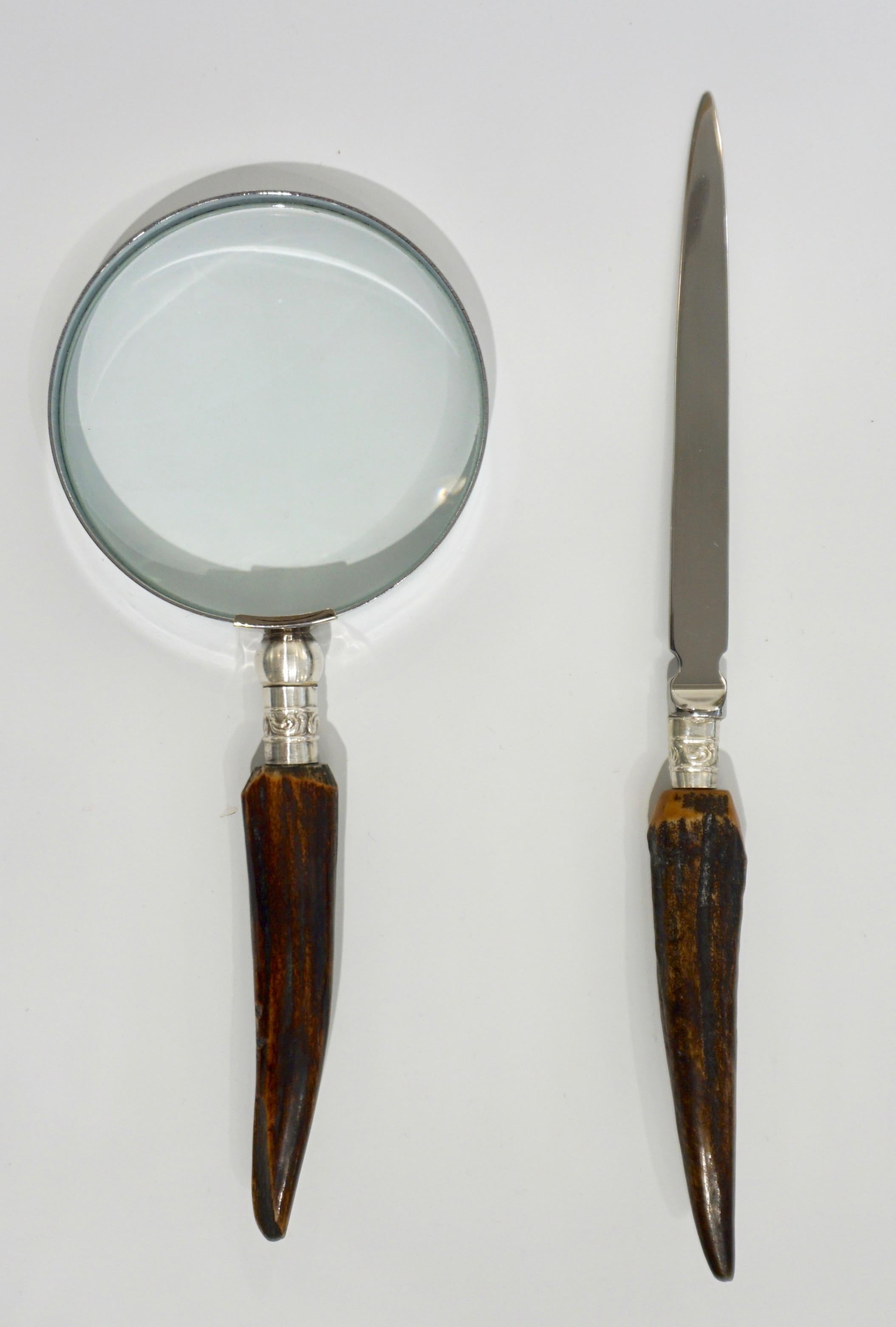 Late 20th Century 1970s English Magnifying Glass and Letter Opener Desk Set with Antler Handles