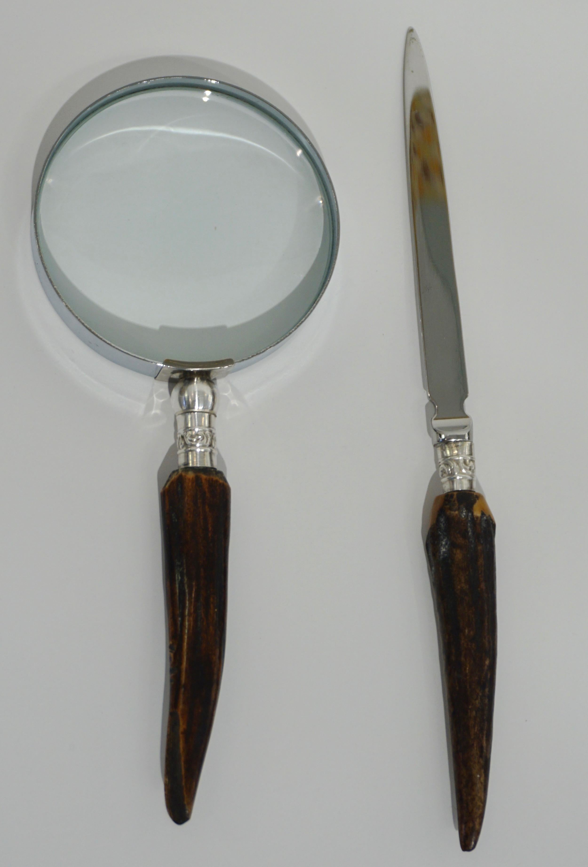Sterling Silver 1970s English Magnifying Glass and Letter Opener Desk Set with Antler Handles