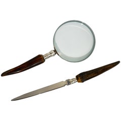 Vintage 1970s English Magnifying Glass and Letter Opener Desk Set with Antler Handles