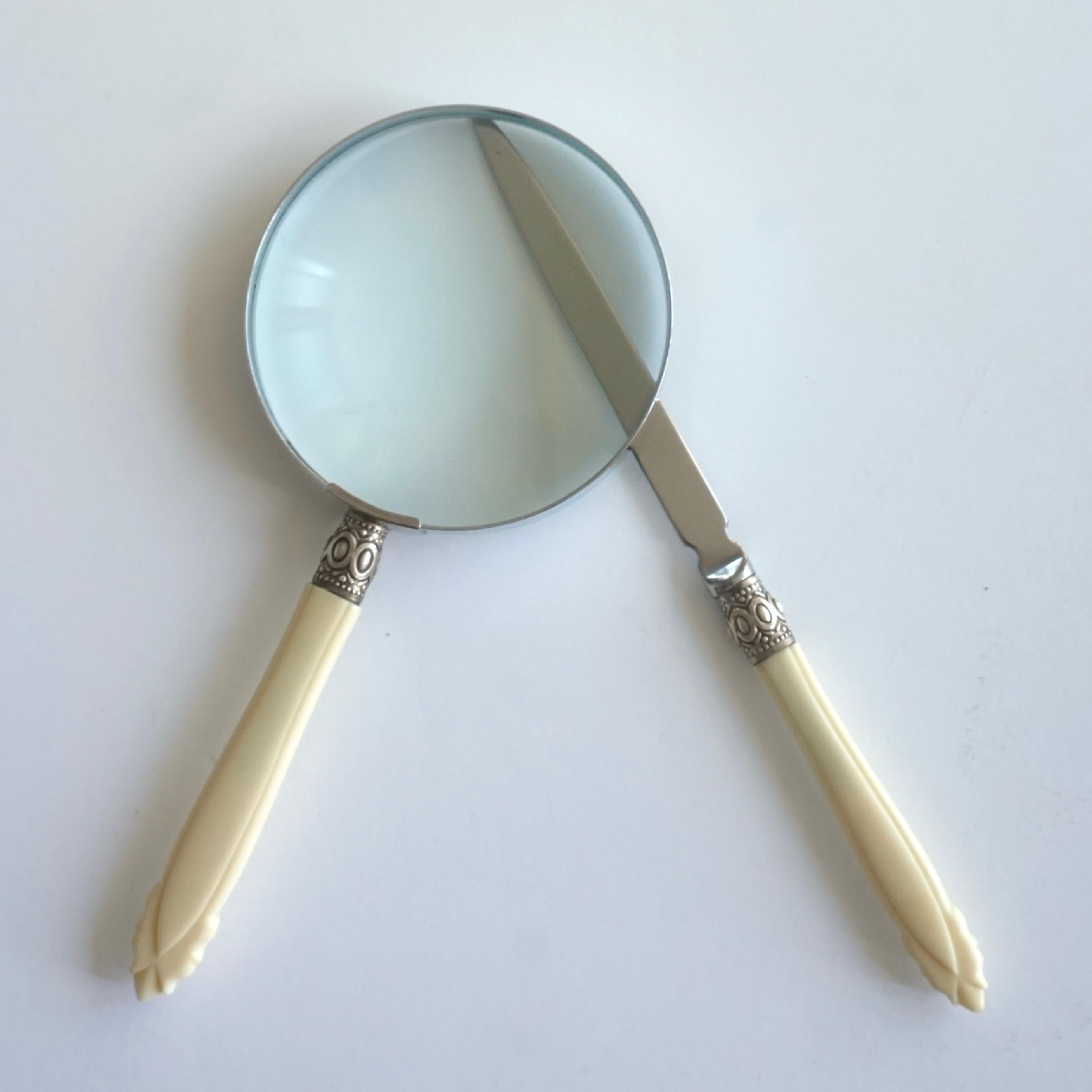 1970s English Magnifying Glass and Letter Opener Desk Set with Bone Handles 2