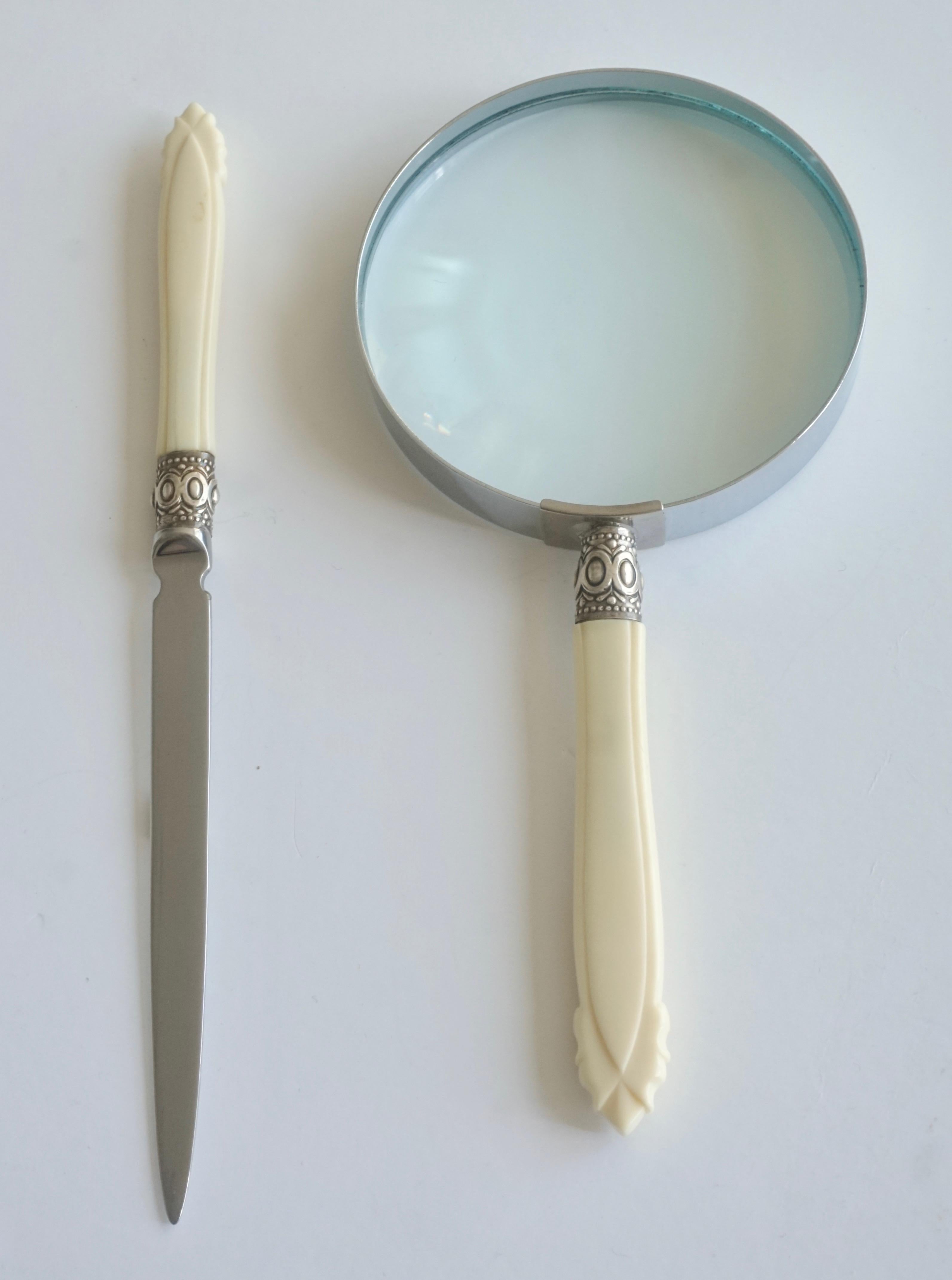 Stainless Steel 1970s English Magnifying Glass and Letter Opener Desk Set with Bone Handles