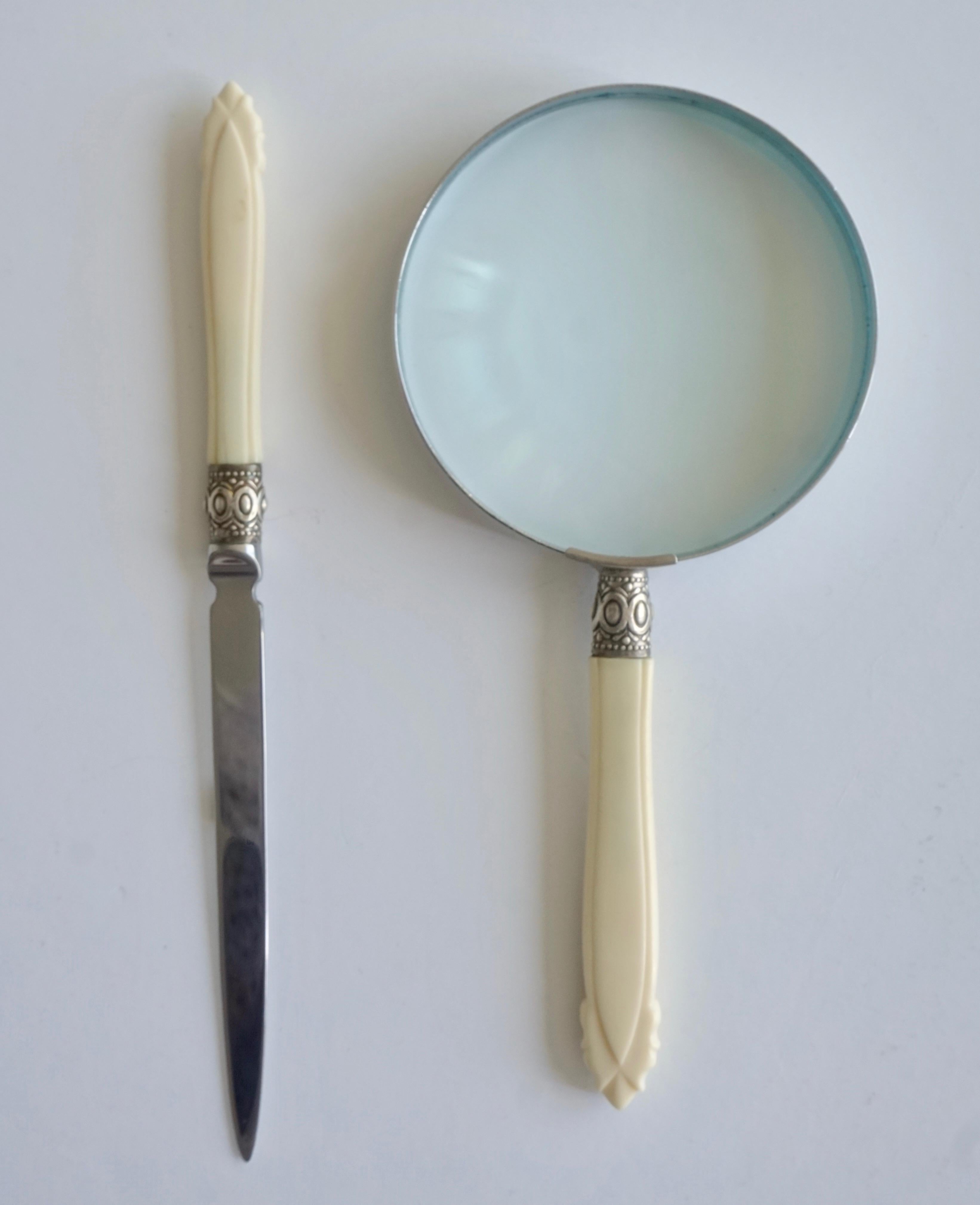 1970s English Magnifying Glass and Letter Opener Desk Set with Bone Handles 1