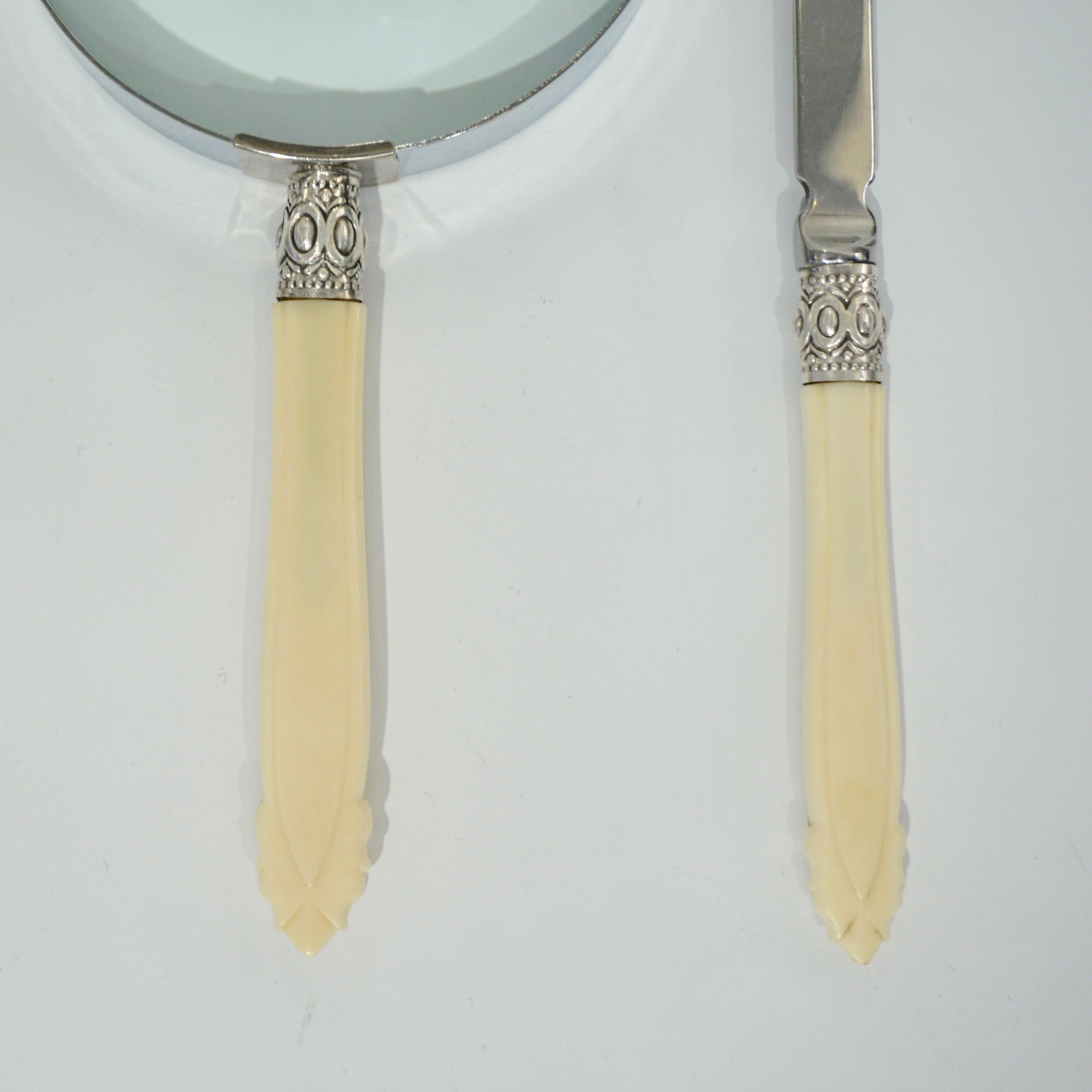 Edwardian English Magnifying Glass and Letter Opener Desk Set with Horn Handles 1970s