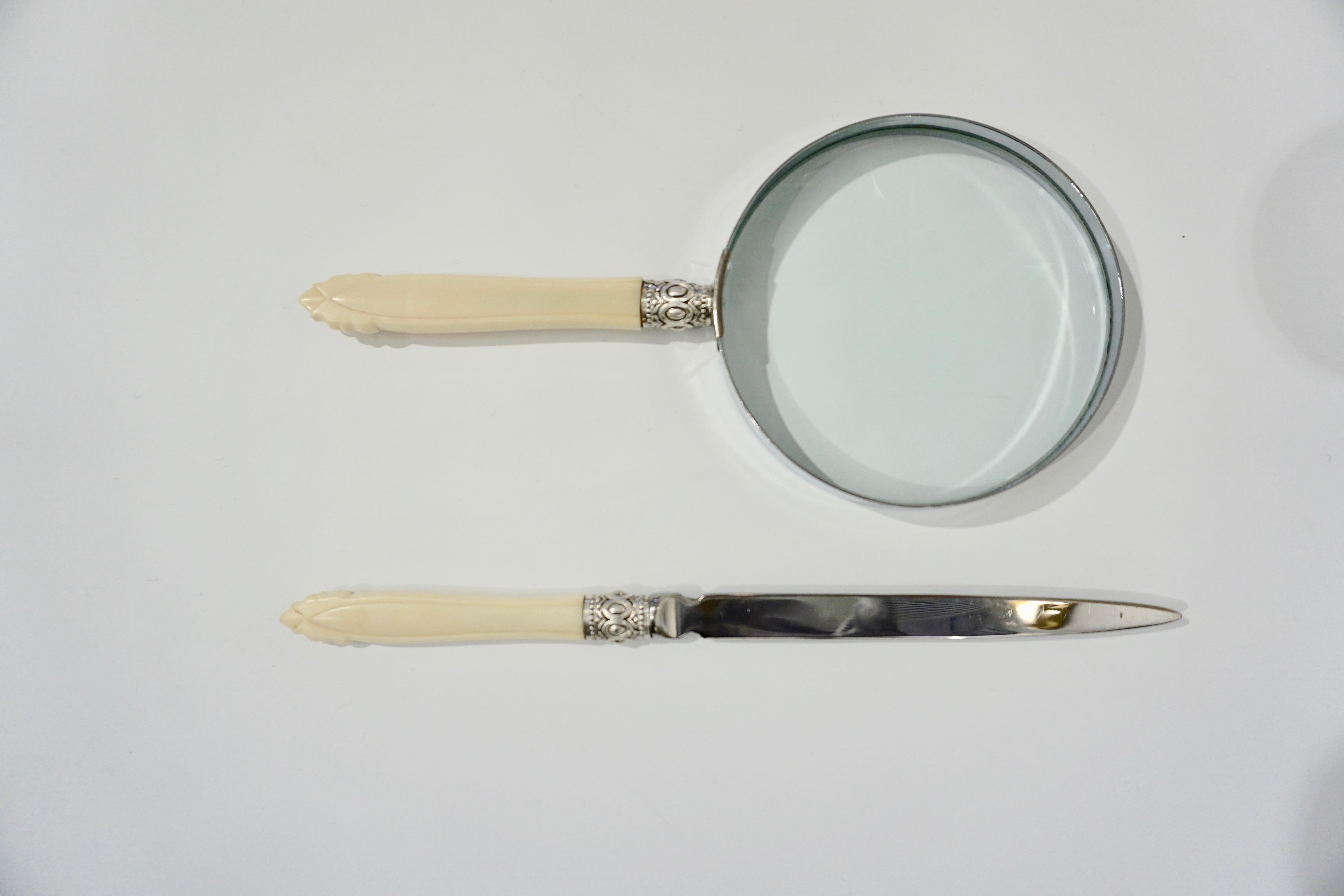Sterling Silver English Magnifying Glass and Letter Opener Desk Set with Horn Handles 1970s