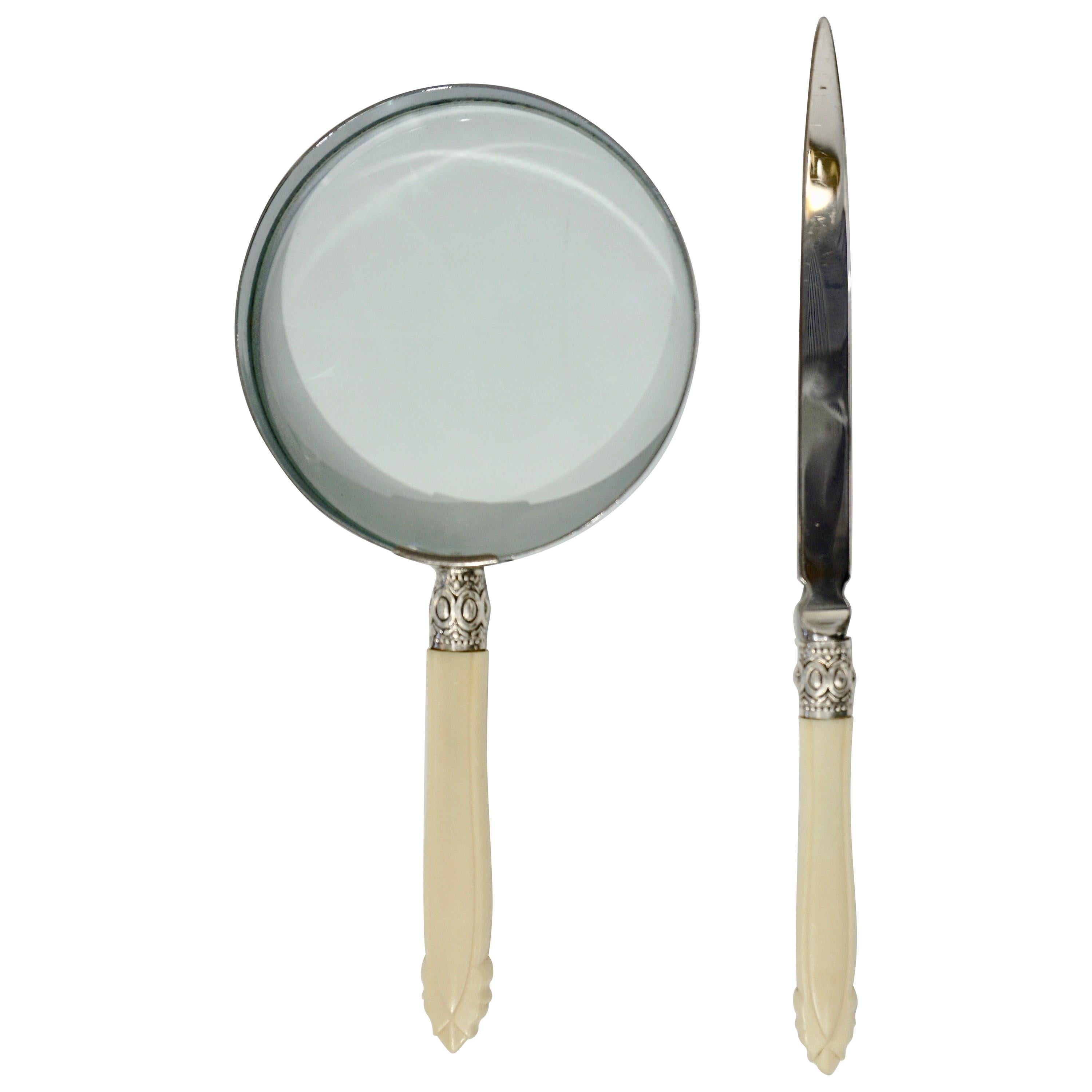 English Magnifying Glass and Letter Opener Desk Set with Horn Handles 1970s