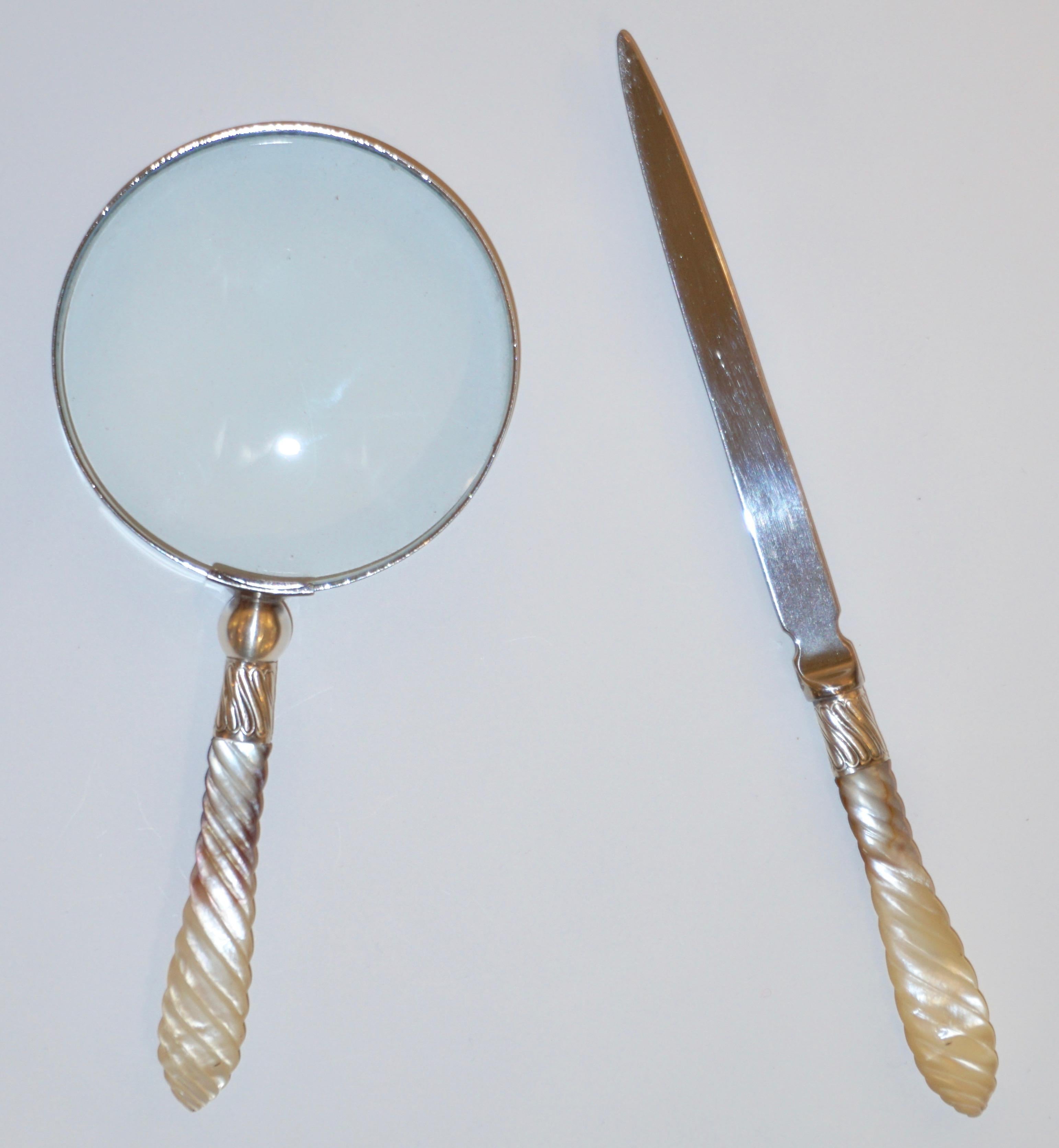 British 1970s English Magnifying Glass and Letter Opener with Mother of Pearl Handles