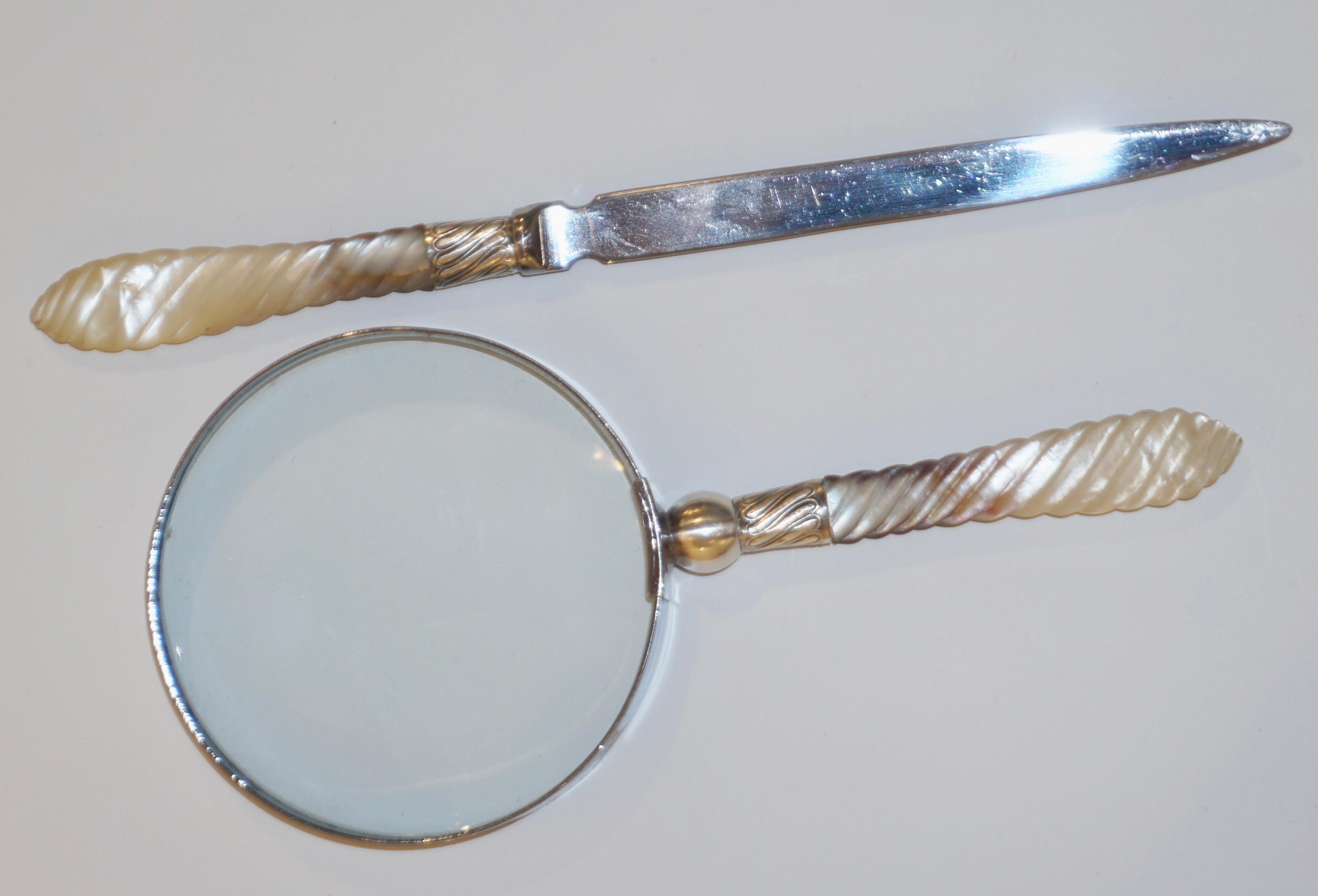 Carved 1970s English Magnifying Glass and Letter Opener with Mother of Pearl Handles