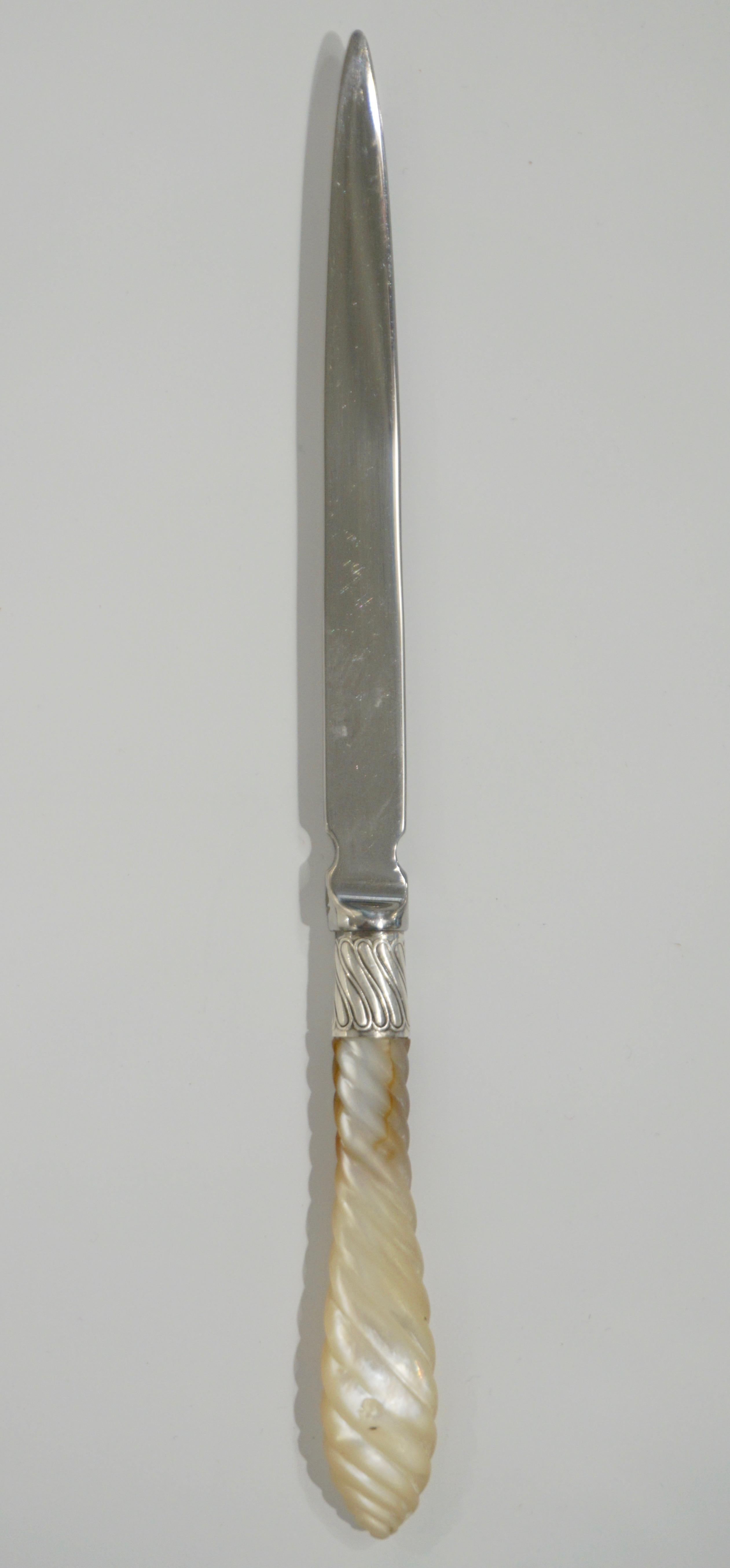 Stainless Steel 1970s English Magnifying Glass and Letter Opener with Mother of Pearl Handles