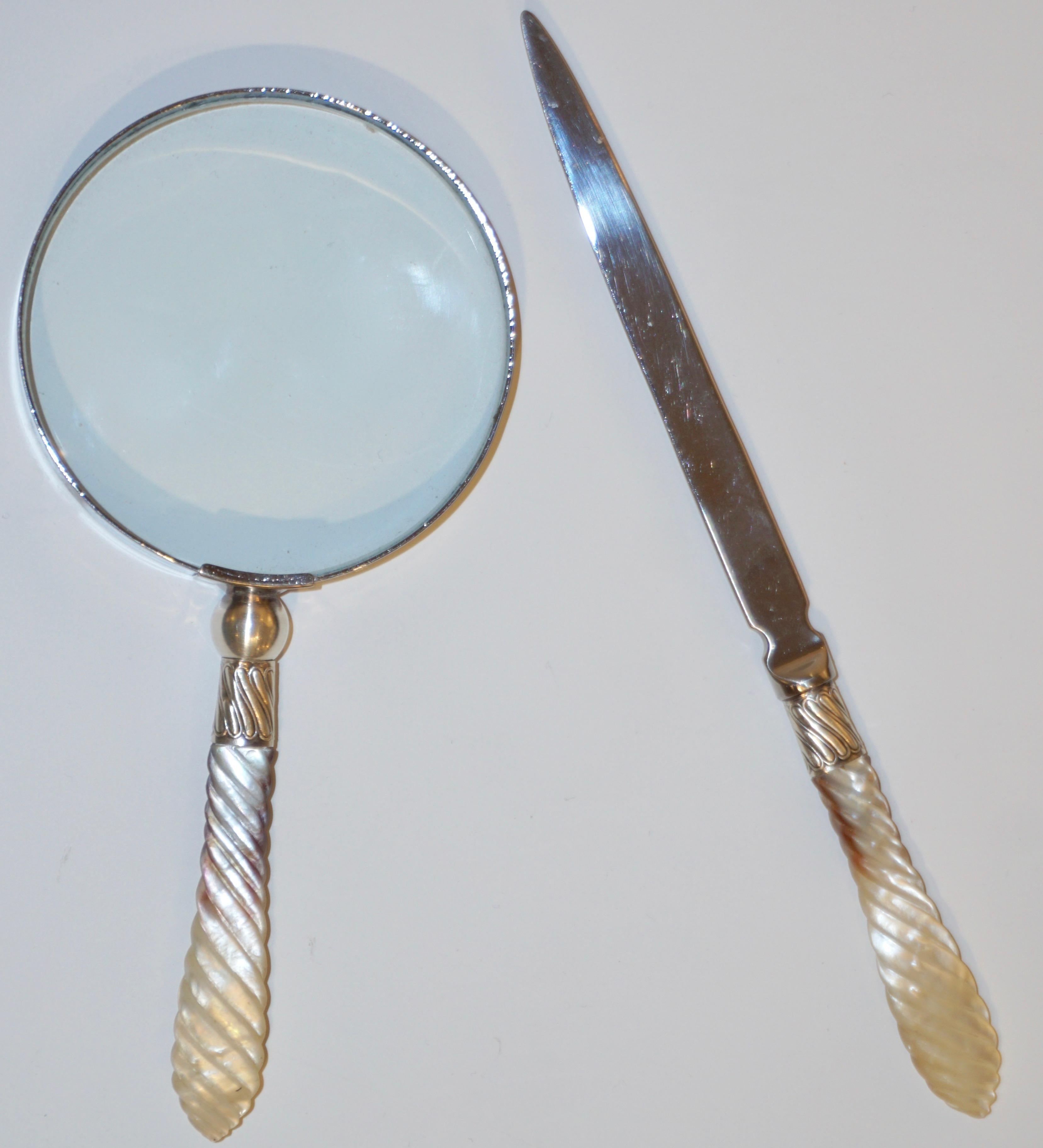 1970s English Magnifying Glass and Letter Opener with Mother of Pearl Handles 1