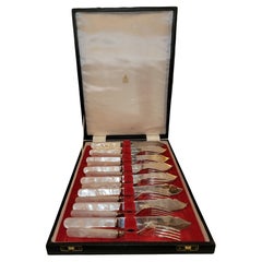 Retro 1970s English Mother of Pearl Sterling Knife & Fork Set- 16 Pieces