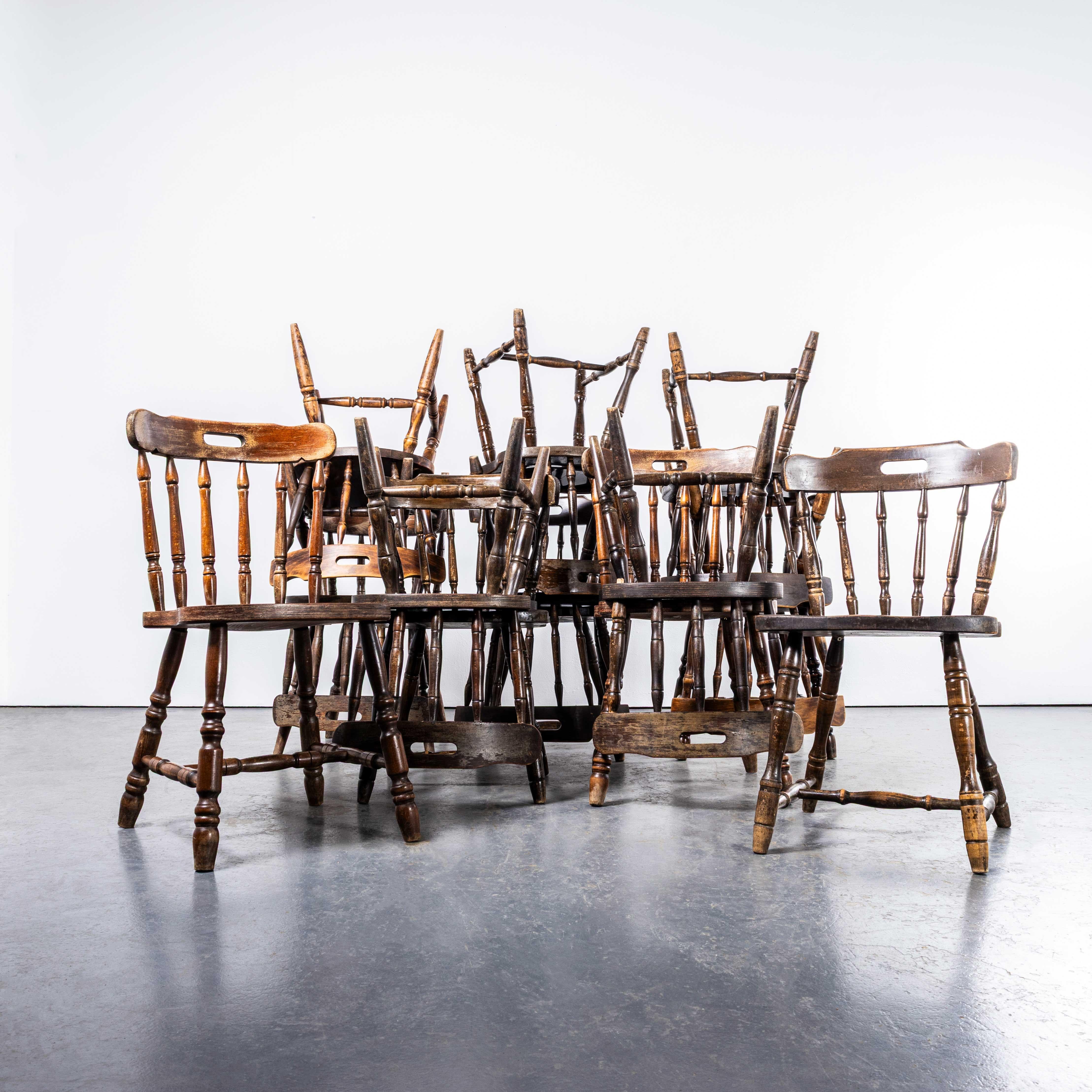 1970’s English Penny Public House Dining Chairs. 
Not our usual fare, but we were contacted by a local mill theatre that wanted to sell these classic English chairs and we couldn’t resist. Made in a mix of solid beech and pitch pine they are a