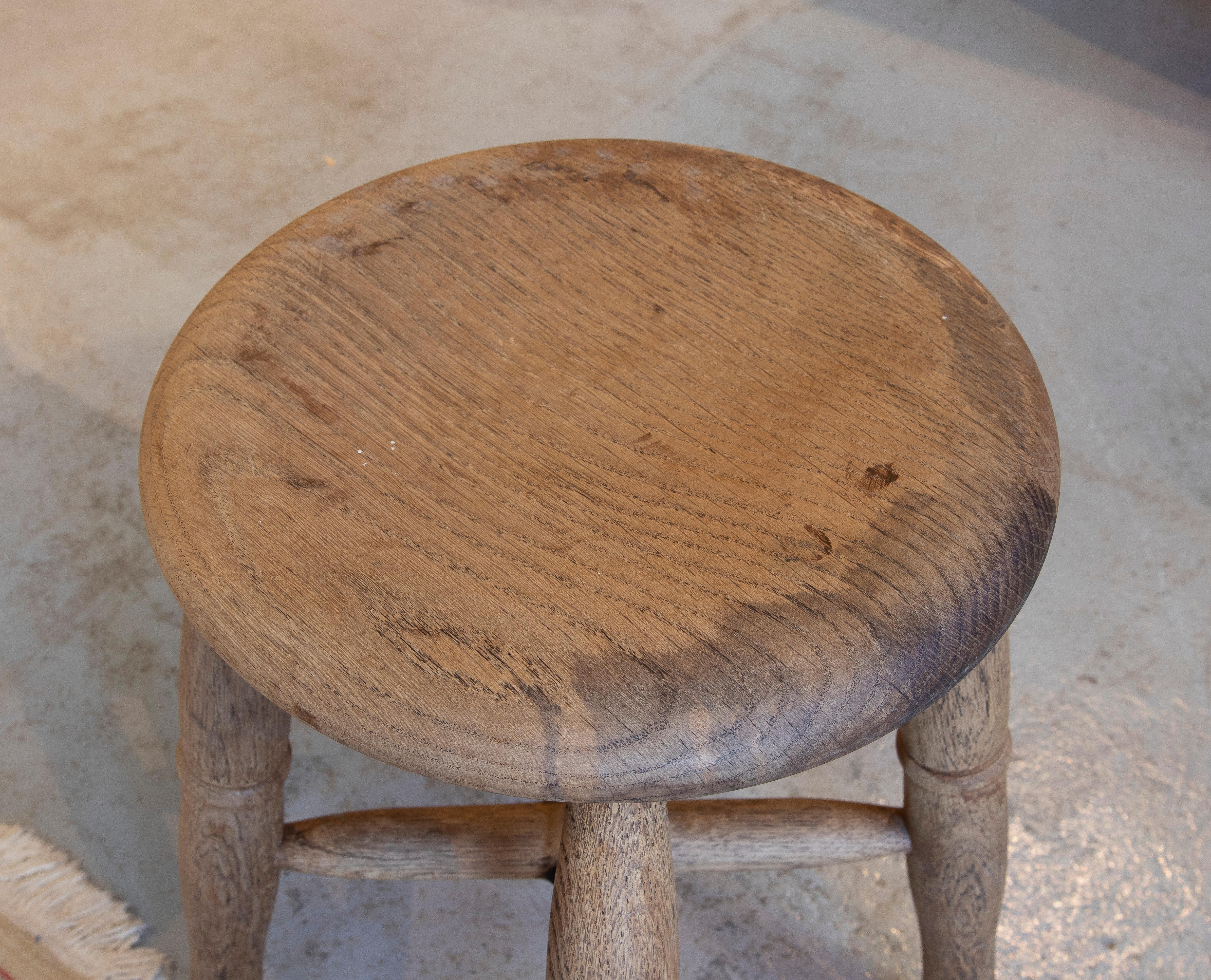 1970s English Rustic Oak Wood 4-Legged Stool 5