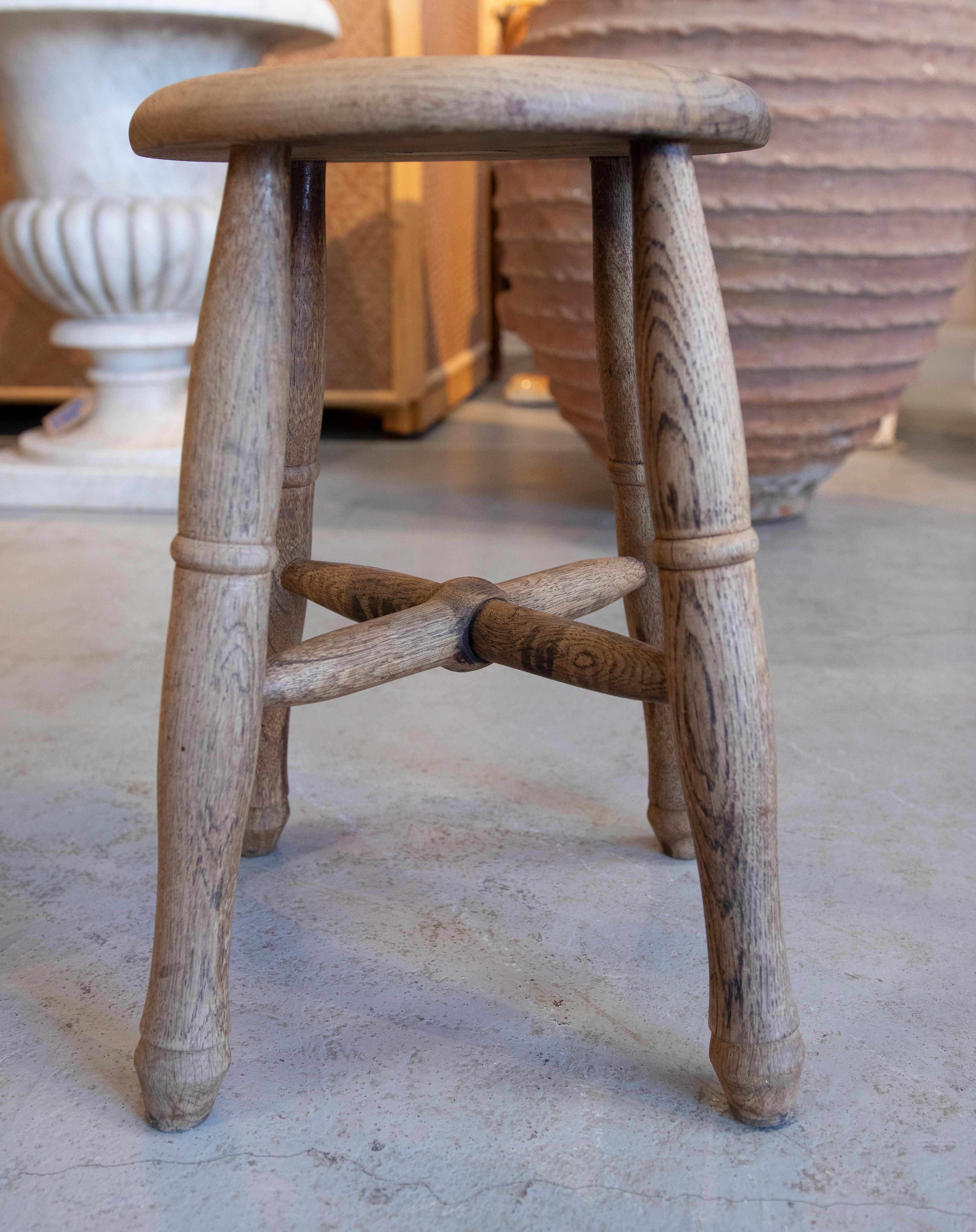 20th Century 1970s English Rustic Oak Wood 4-Legged Stool