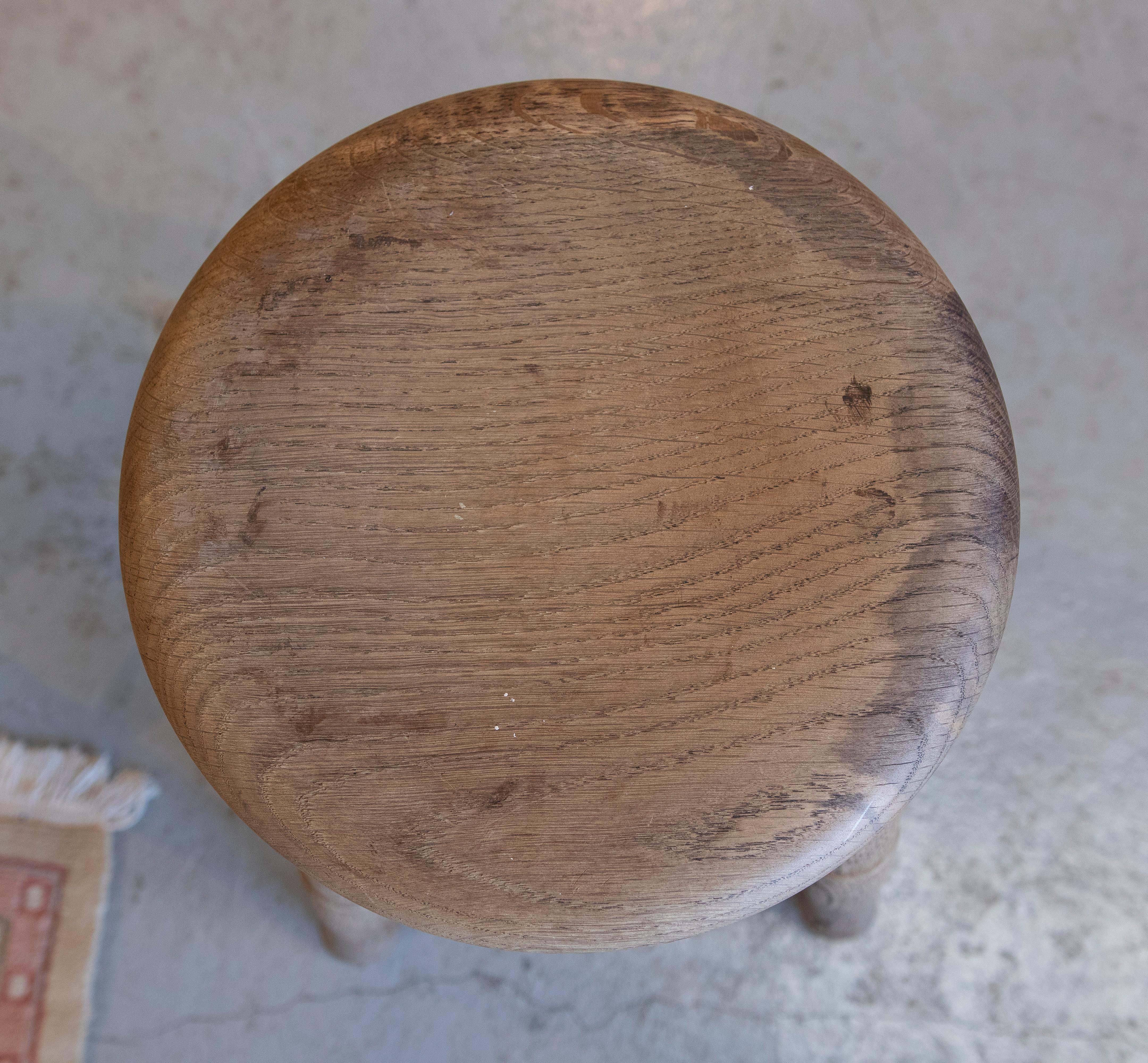 1970s English Rustic Oak Wood 4-Legged Stool 2