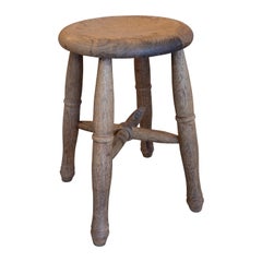 1970s English Rustic Oak Wood 4-Legged Stool