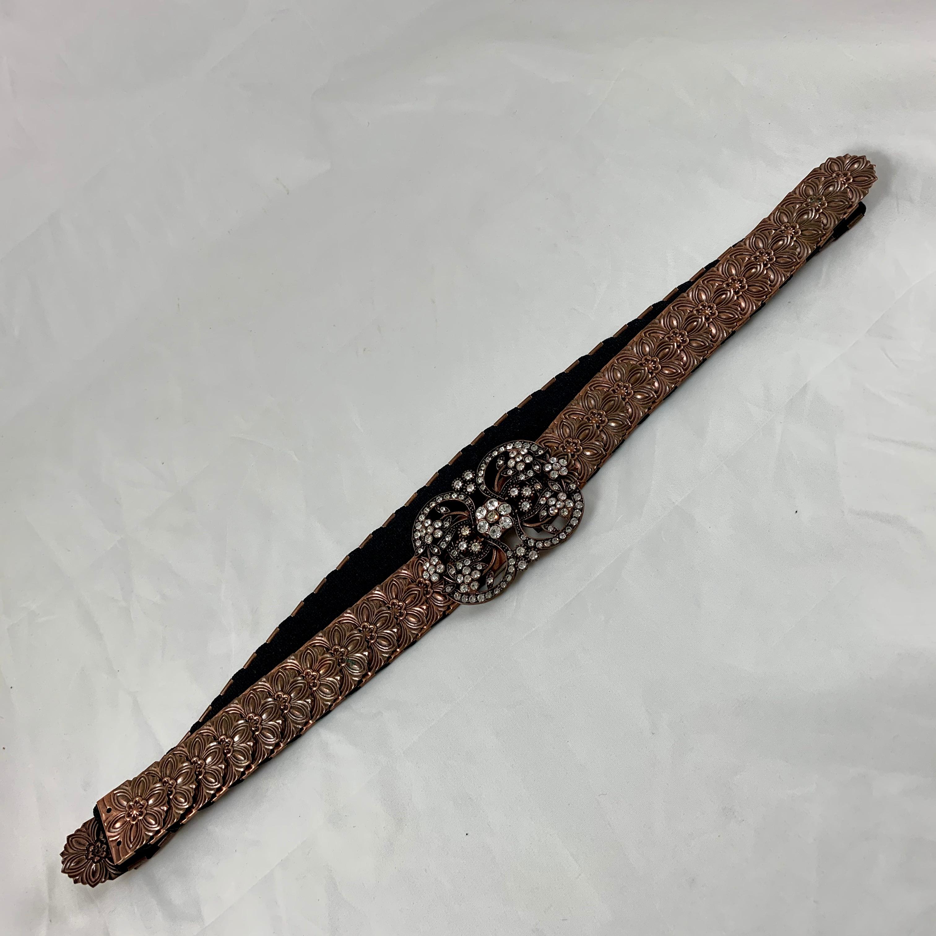1970s Era Copper-Tone Snake Scale Metal and Crystal Jeweled Buckle Handmade Belt For Sale 5