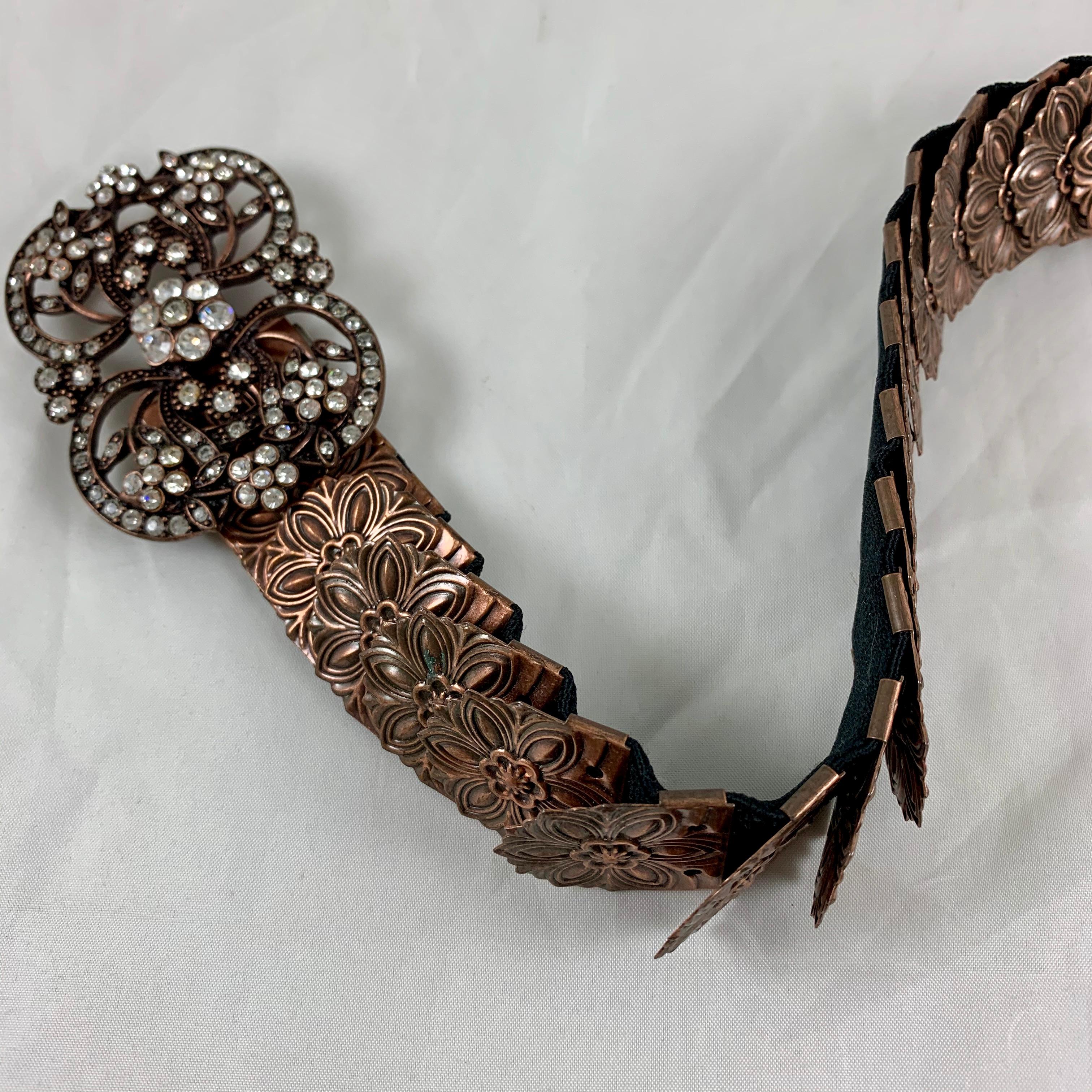Appliqué 1970s Era Copper-Tone Snake Scale Metal and Crystal Jeweled Buckle Handmade Belt For Sale