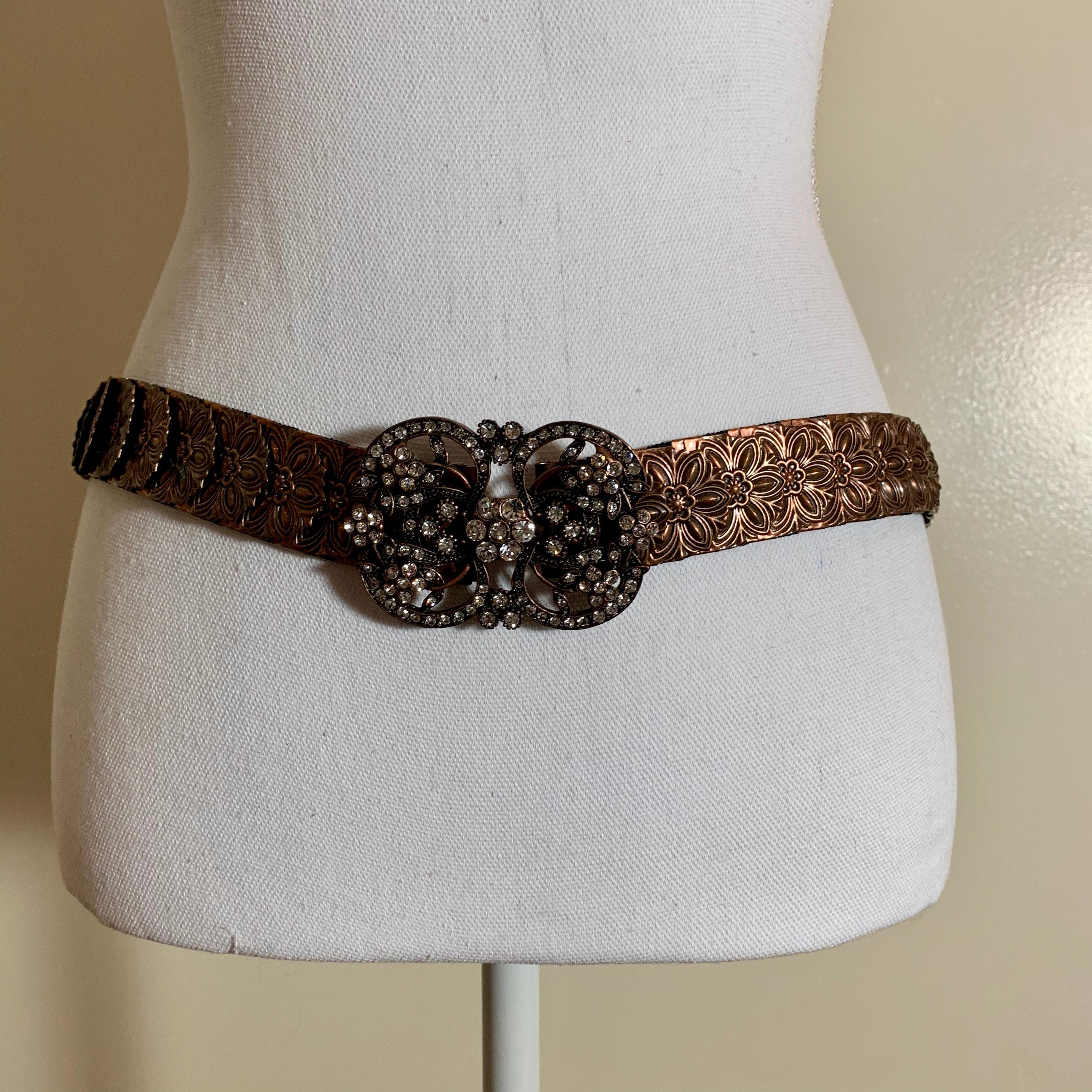 International Style 1970s Era Copper-Tone Snake Scale Metal and Crystal Jeweled Buckle Handmade Belt For Sale