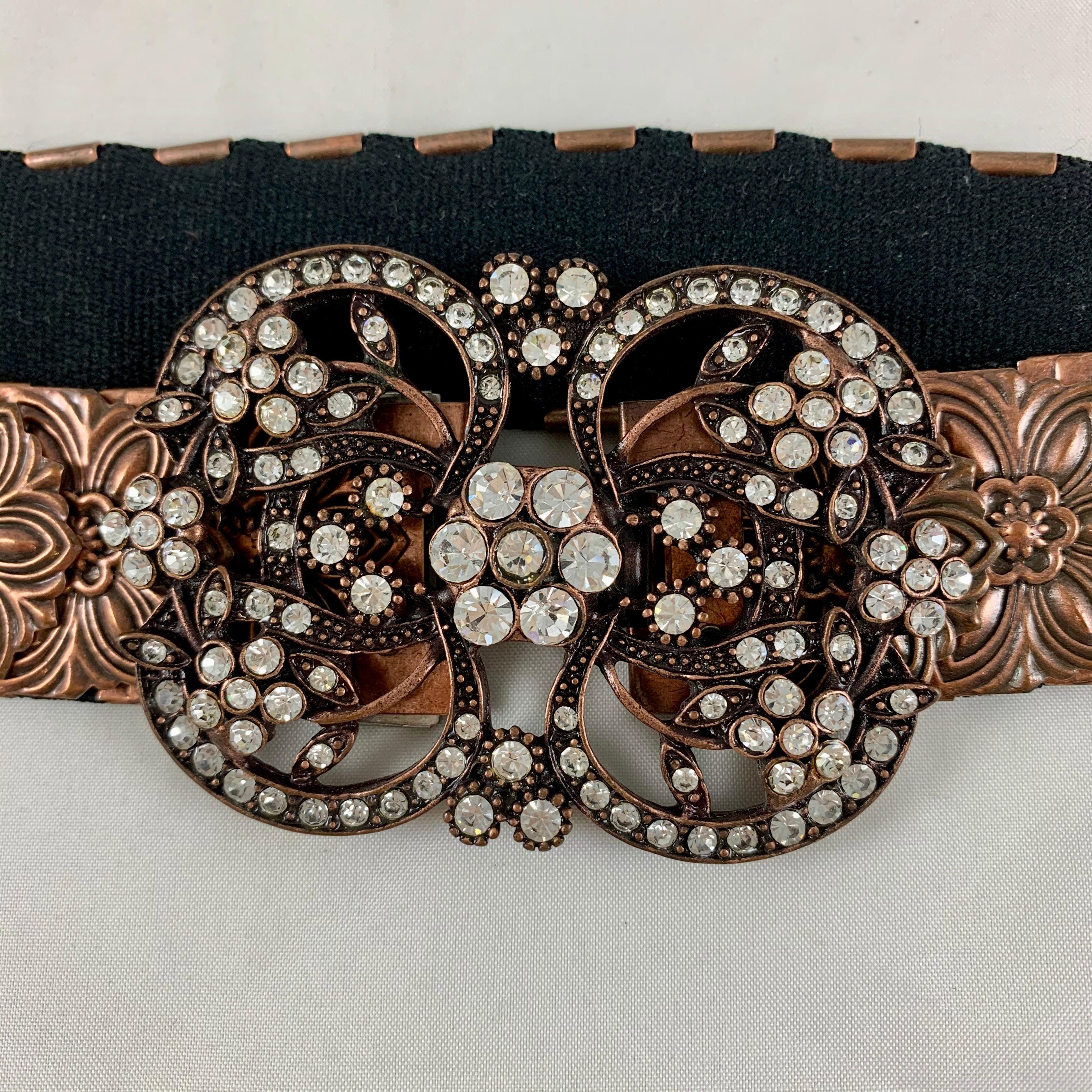 Late 20th Century 1970s Era Copper-Tone Snake Scale Metal and Crystal Jeweled Buckle Handmade Belt For Sale