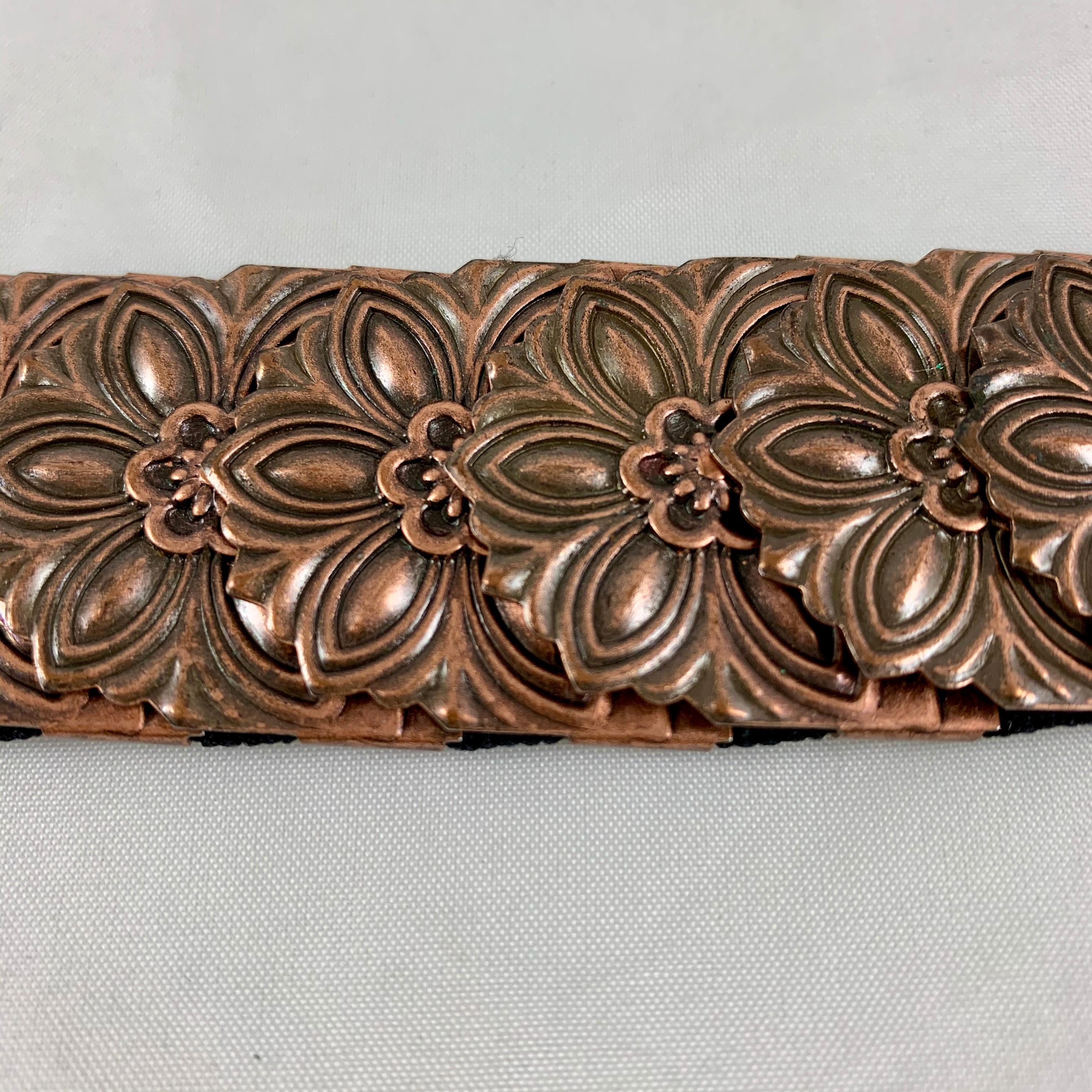 1970s Era Copper-Tone Snake Scale Metal and Crystal Jeweled Buckle Handmade Belt For Sale 1
