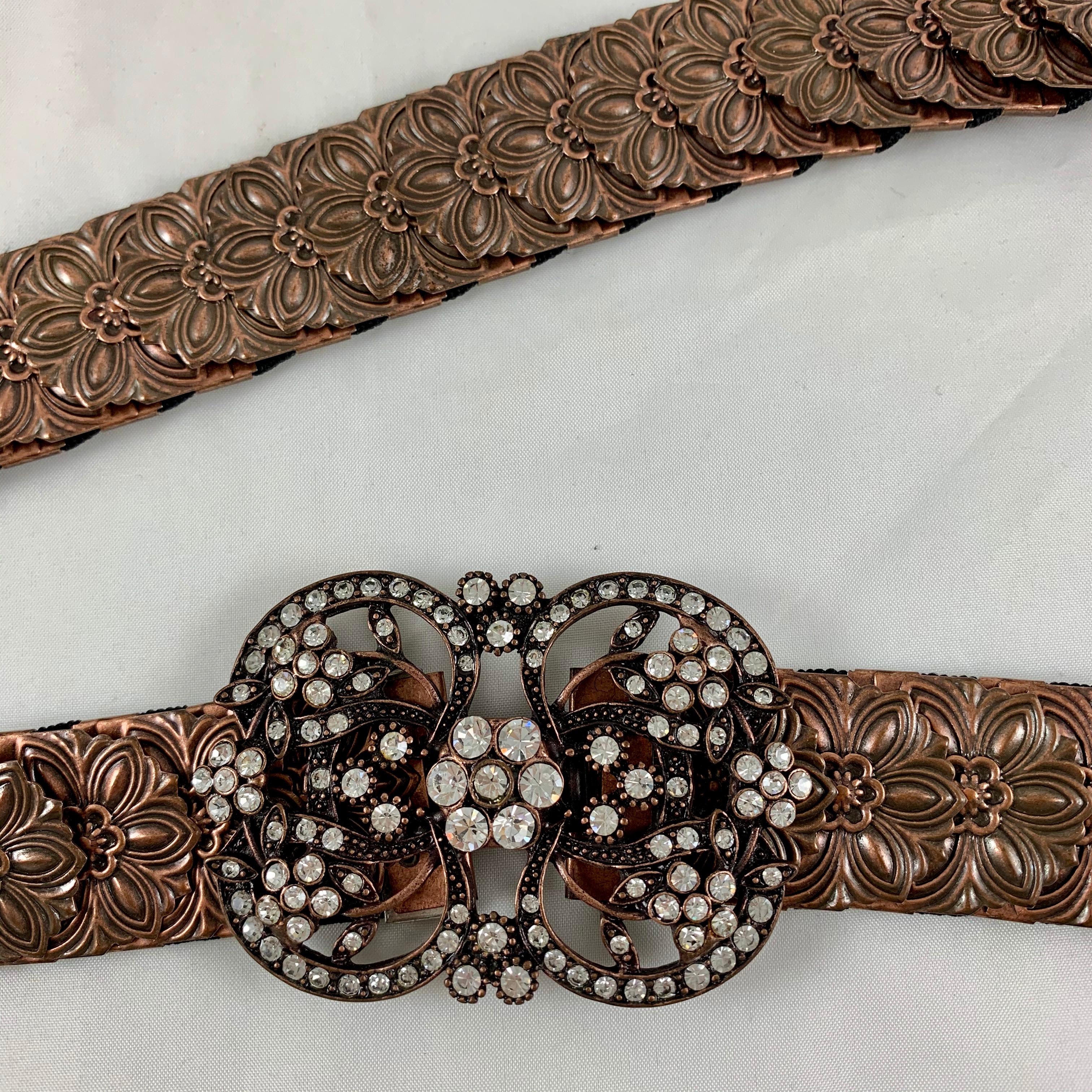 1970s Era Copper-Tone Snake Scale Metal and Crystal Jeweled Buckle Handmade Belt For Sale 4