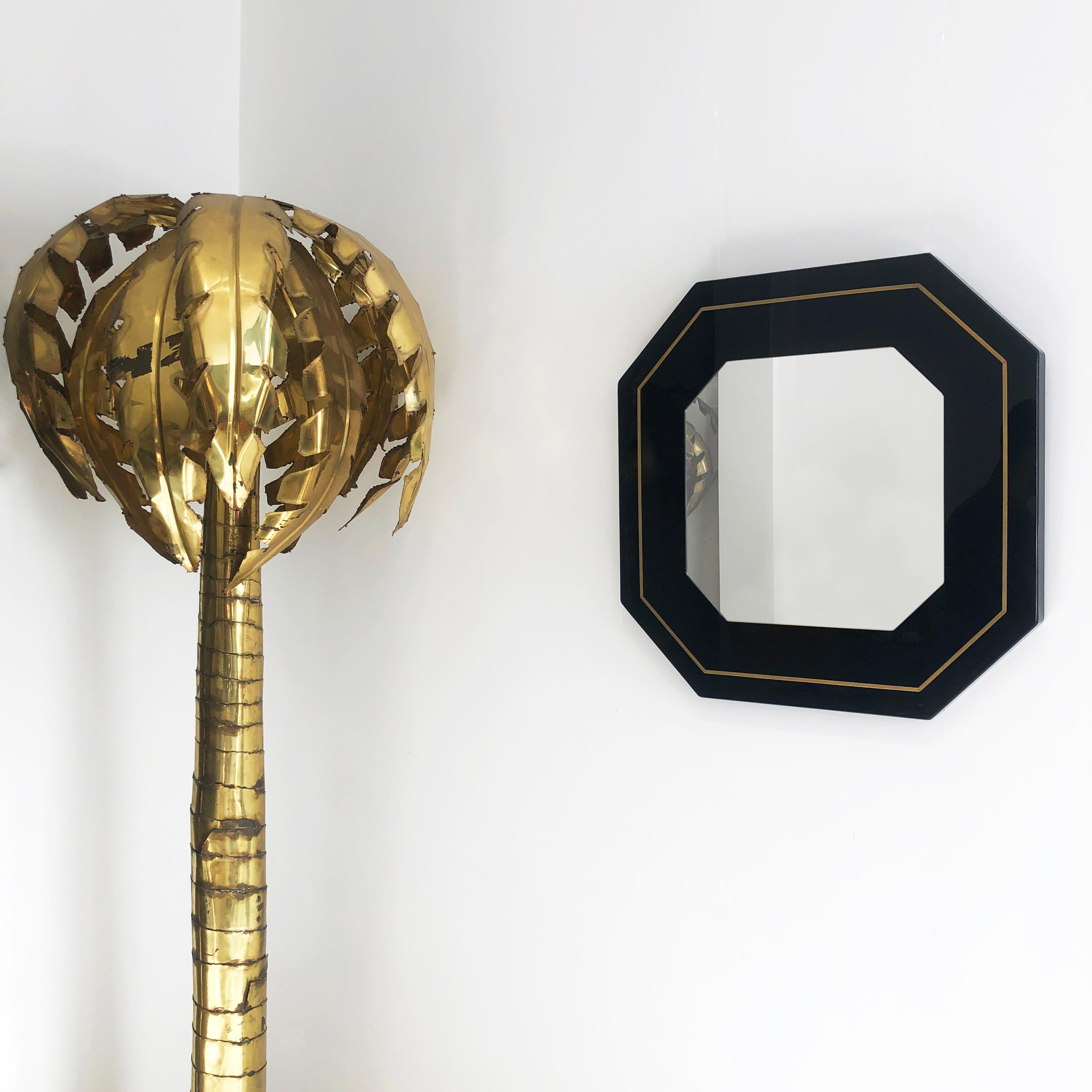 1970s Eric Maville Octagonal Wall Mirror Brass Black French Vintage table In Good Condition In London, GB
