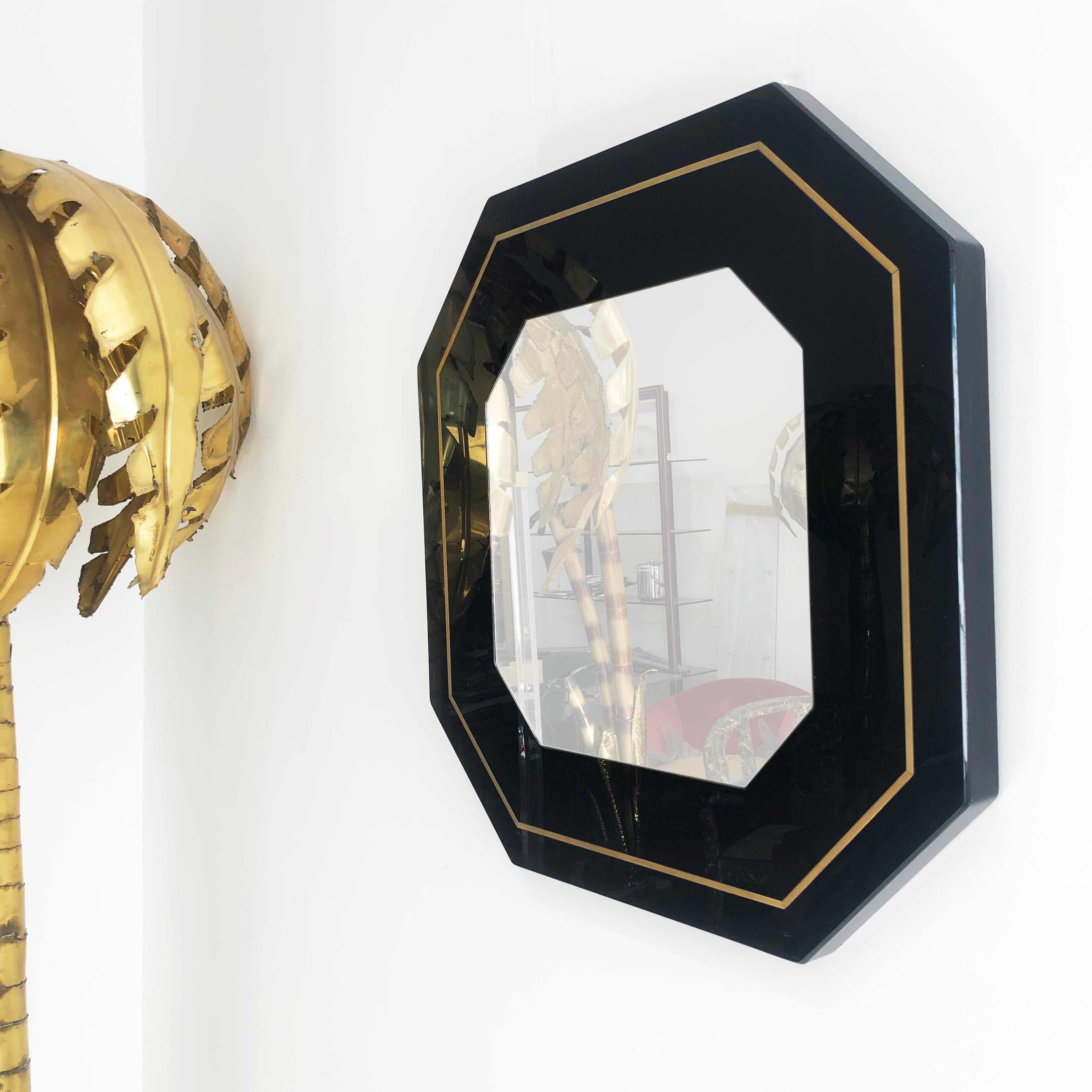 Late 20th Century 1970s Eric Maville Octagonal Wall Mirror Brass Black French Vintage table