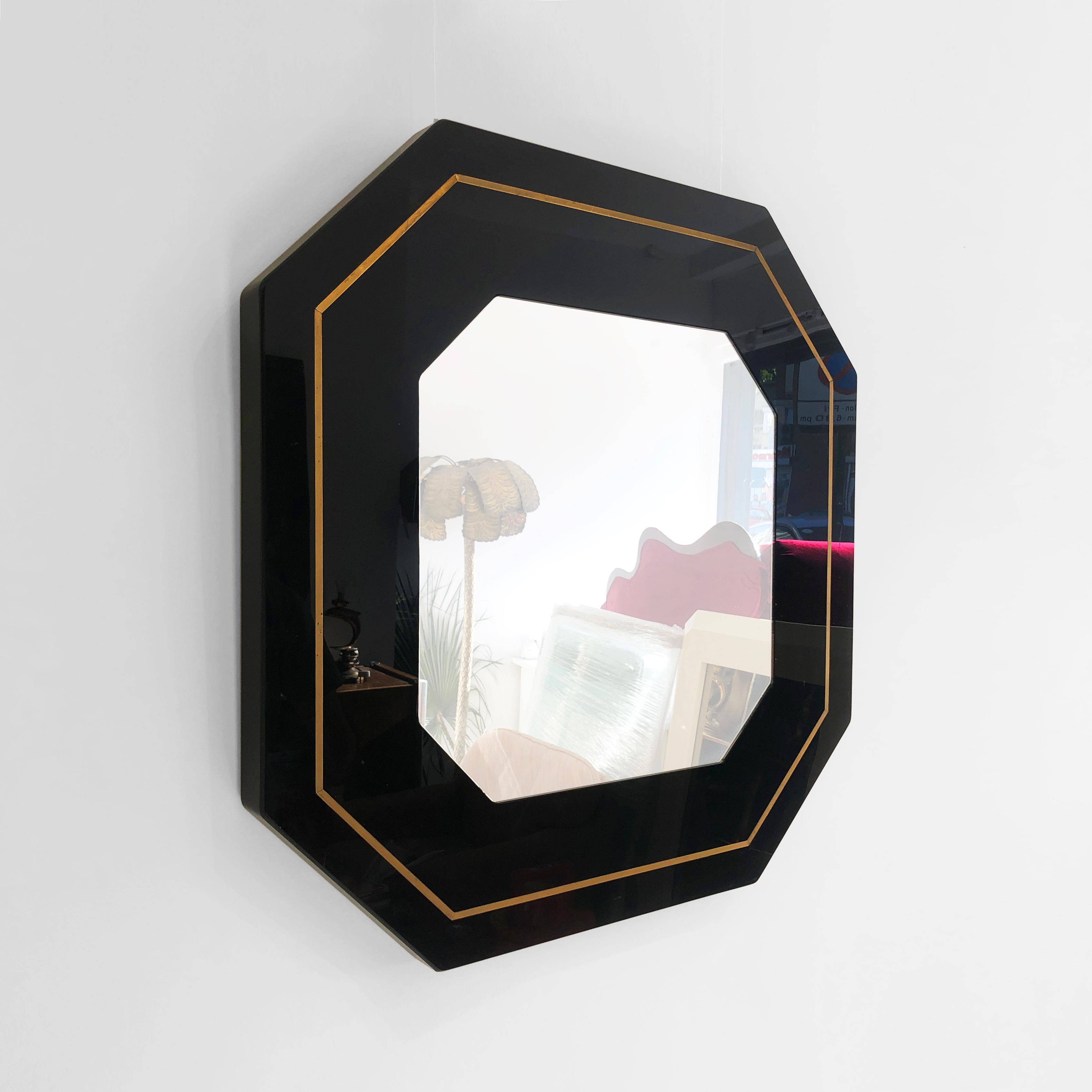 Acrylic 1970s Eric Maville Octagonal Wall Mirror Brass Black French Vintage table
