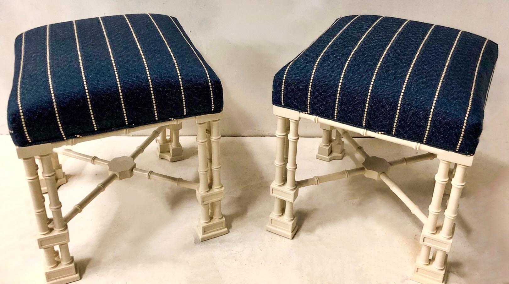 Linen 1970s Erwin Lambeth Chinese Chippendale Style Ottomans, a Pair