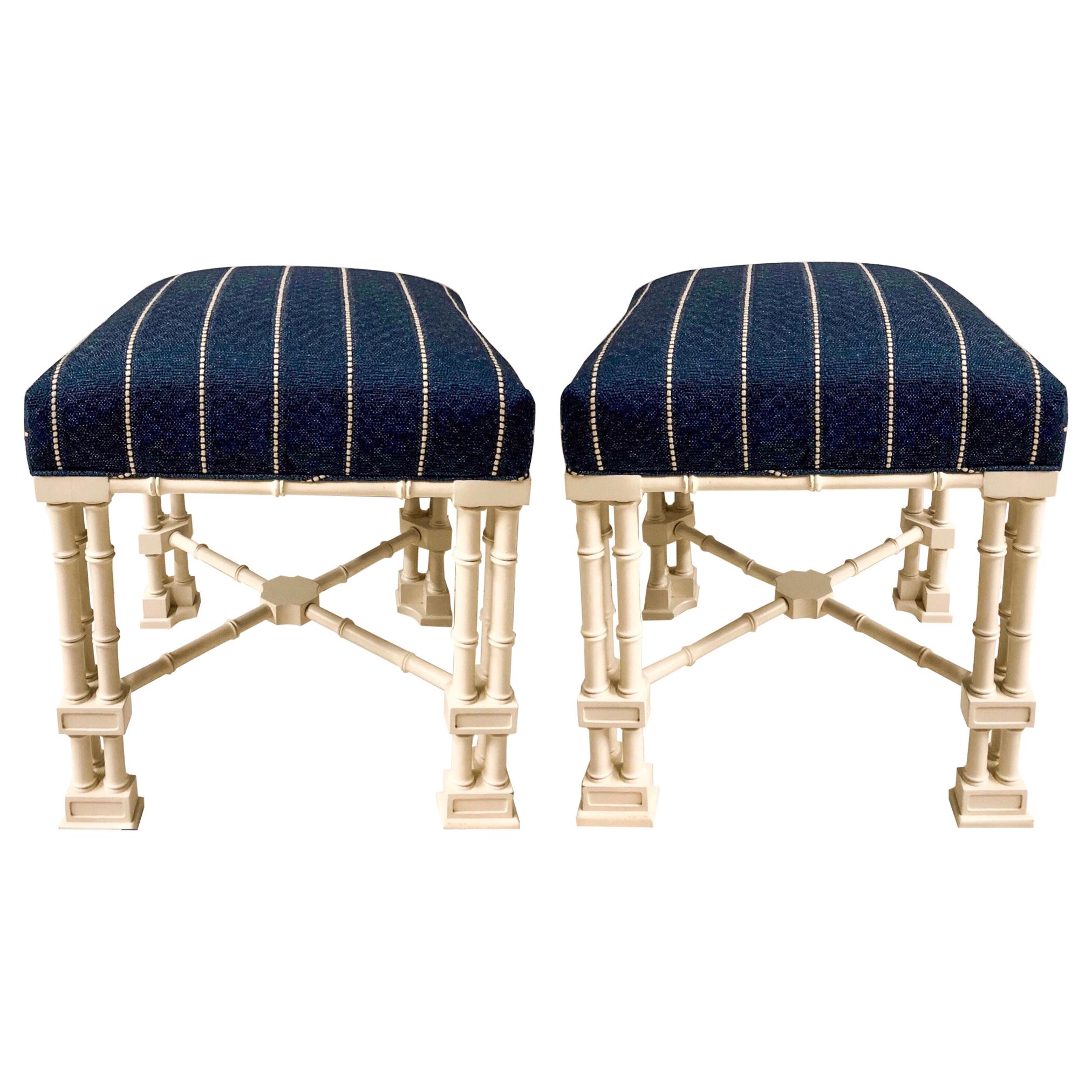 1970s Erwin Lambeth Chinese Chippendale Style Ottomans, a Pair