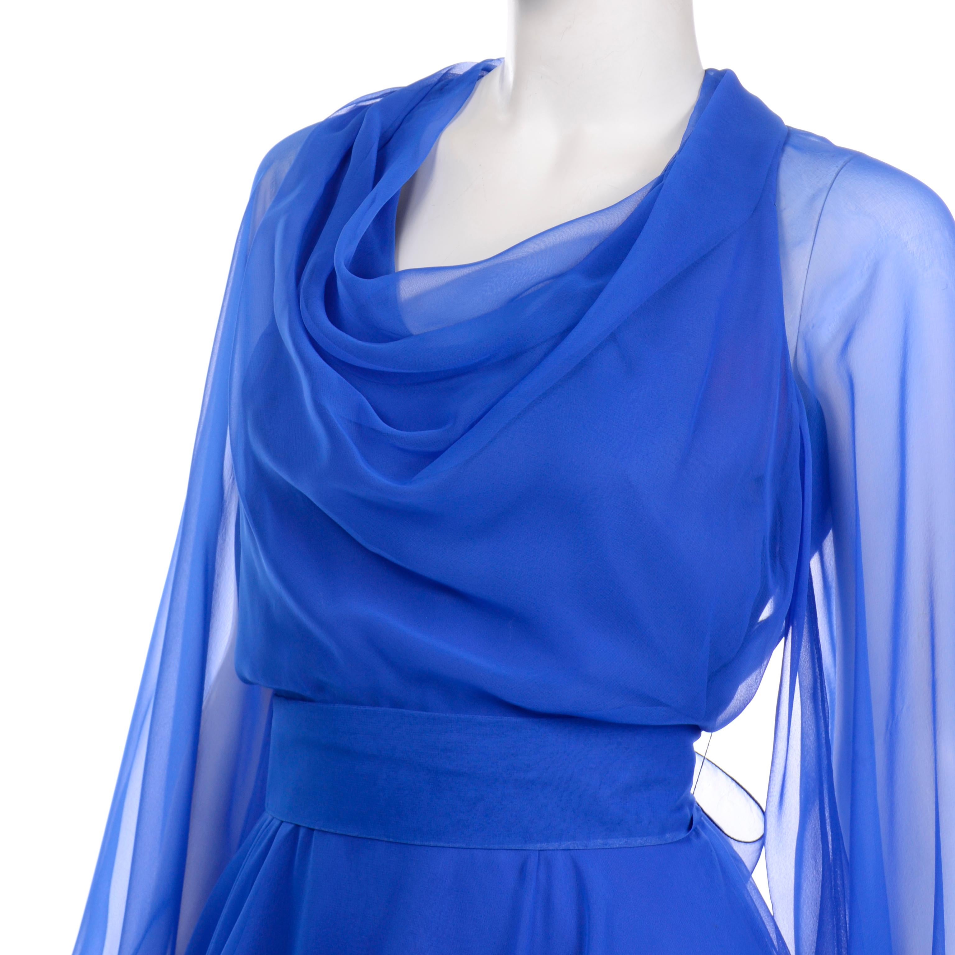 1970s Estevez Blue Chiffon Vintage Dress Sheer Sleeves Size 4/6 3