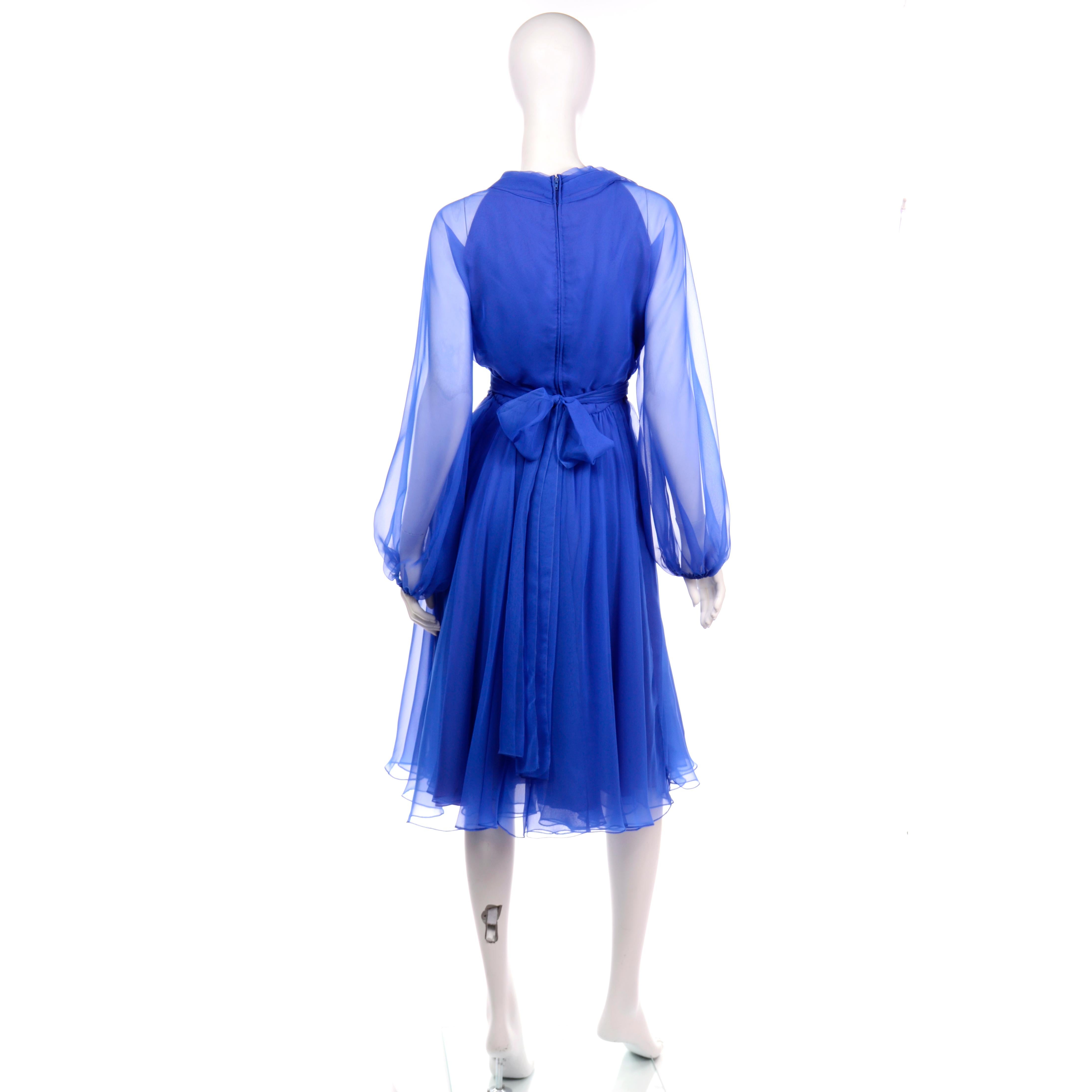 Women's 1970s Estevez Blue Chiffon Vintage Dress Sheer Sleeves Size 4/6