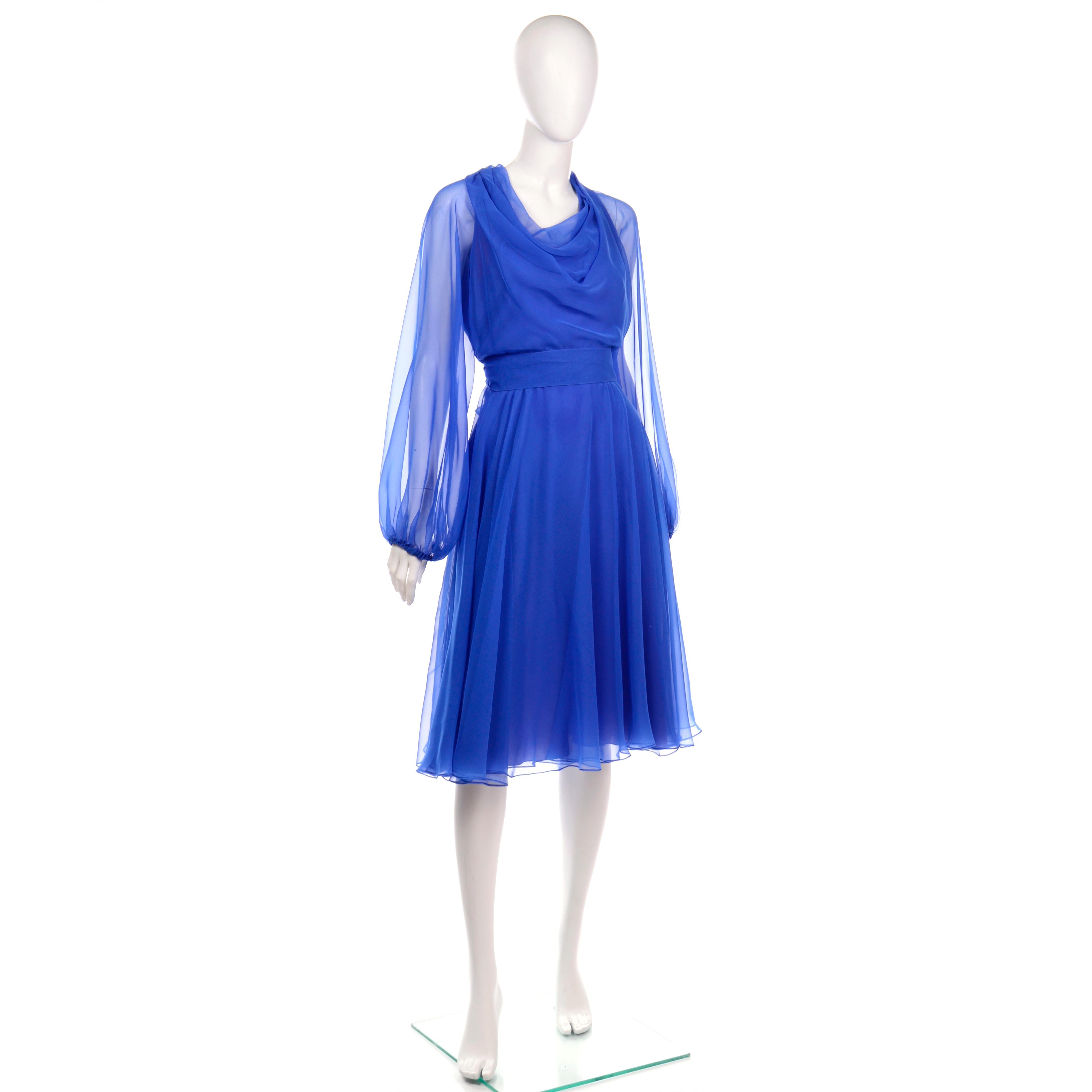 1970s Estevez Blue Chiffon Vintage Dress Sheer Sleeves Size 4/6 1