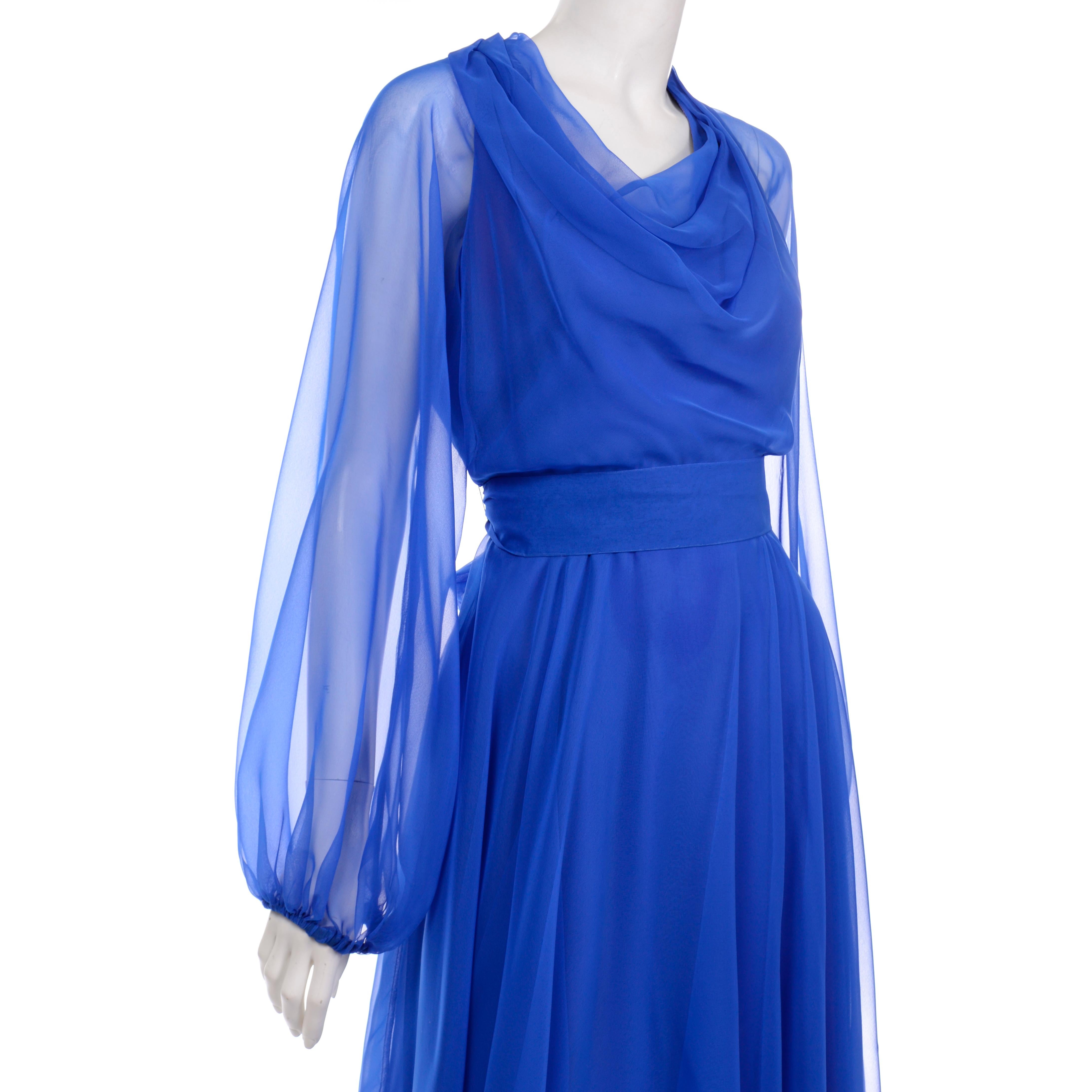 1970s Estevez Blue Chiffon Vintage Dress Sheer Sleeves Size 4/6 at ...