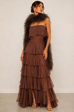 1970s Estevez Brown Silk Chiffon Strapless Vintage Gown 70s Ostrich Feather Boa