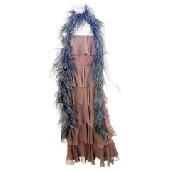 1970s Estevez Brown Silk Chiffon Strapless Vintage Gown 70s Ostrich Feather Boa