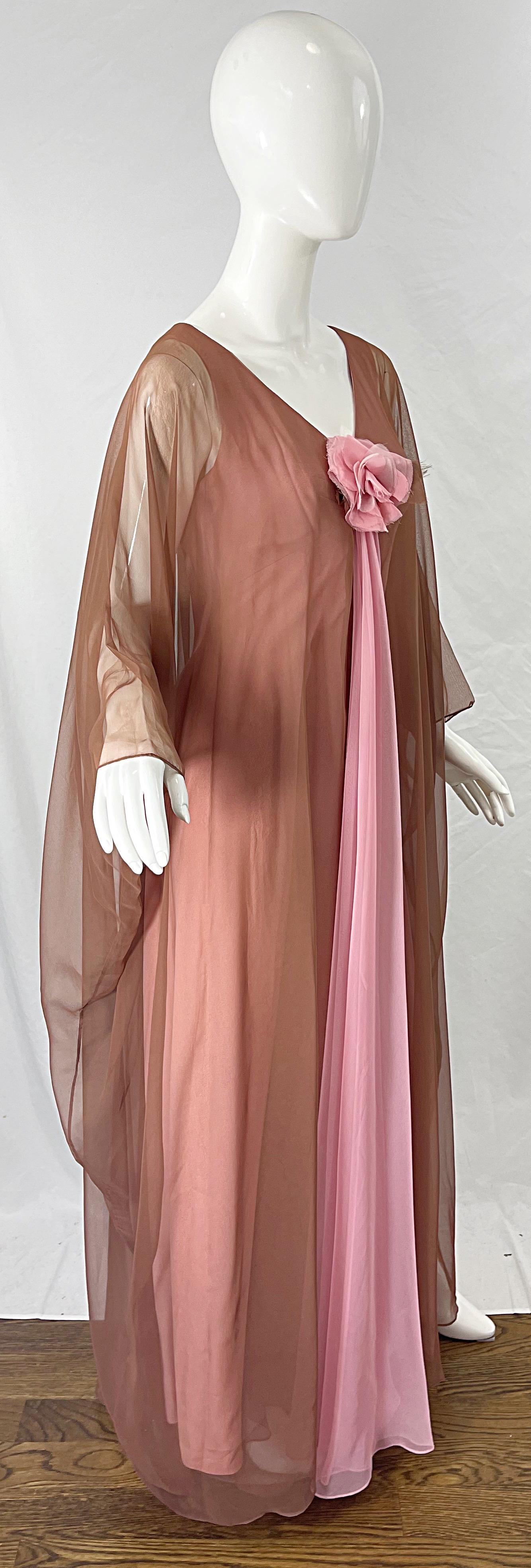 1970s Estevez Pink + Nude Brown Chiffon Caftan Vintage 70s Kaftan Maxi Dress For Sale 3