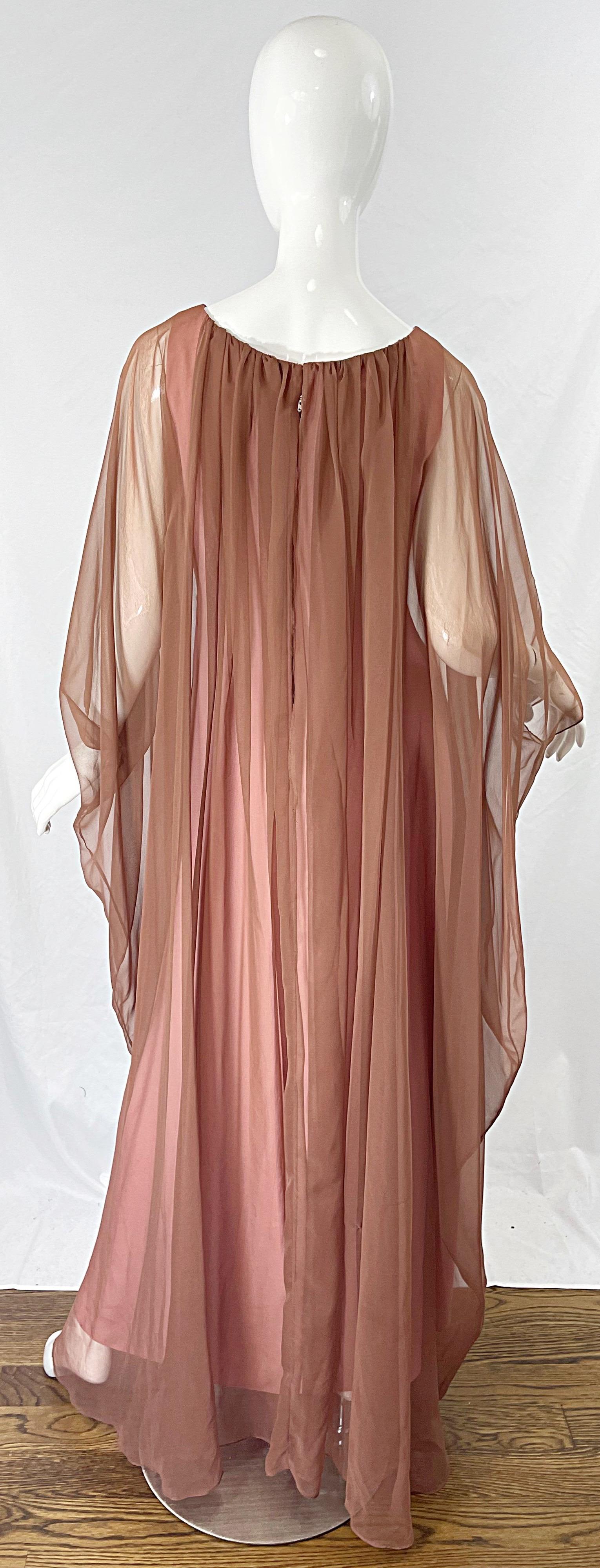 1970s Estevez Pink + Nude Brown Chiffon Caftan Vintage 70s Kaftan Maxi Dress For Sale 4