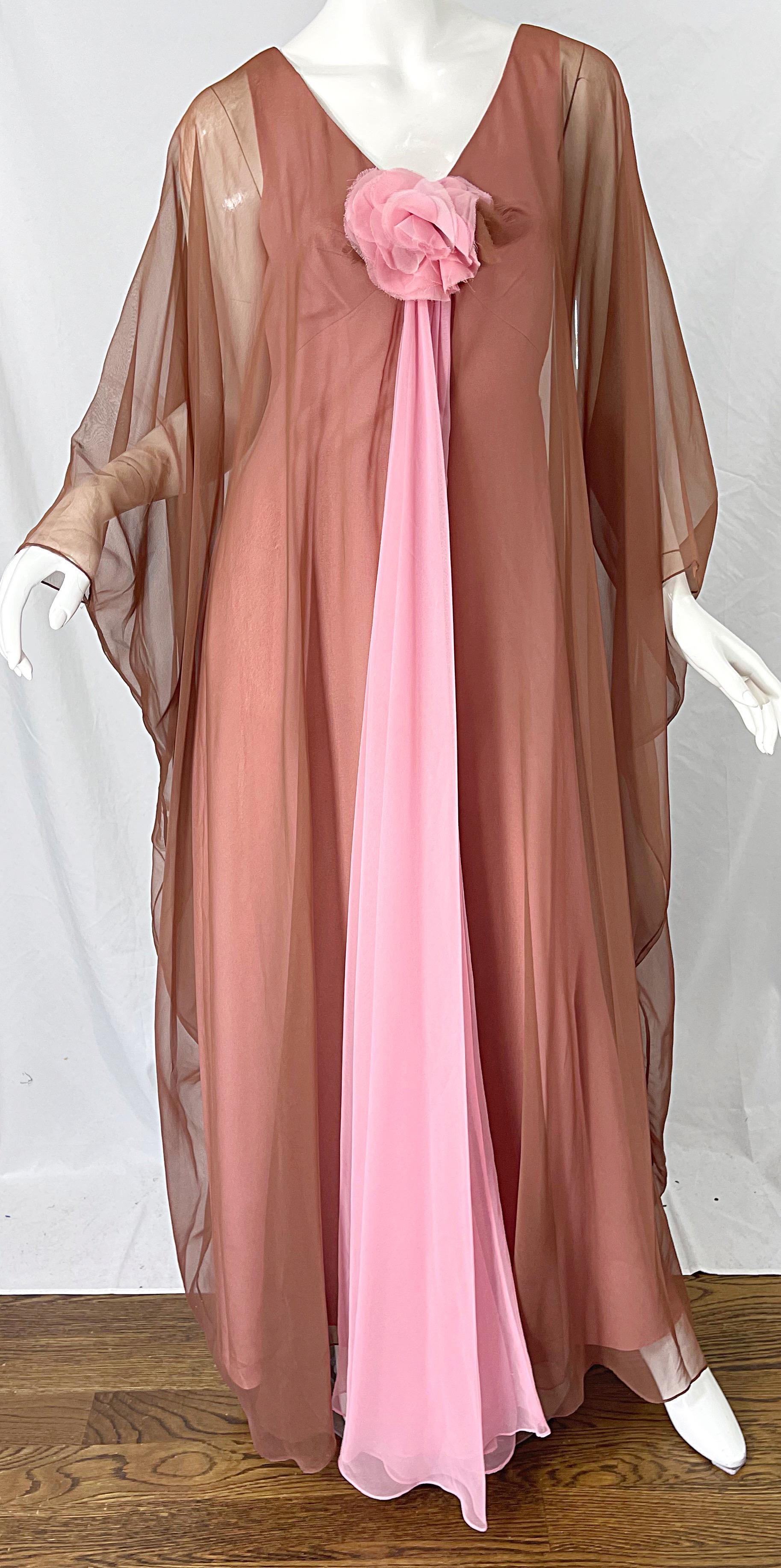 1970s Estevez Pink + Nude Brown Chiffon Caftan Vintage 70s Kaftan Maxi Dress For Sale 5